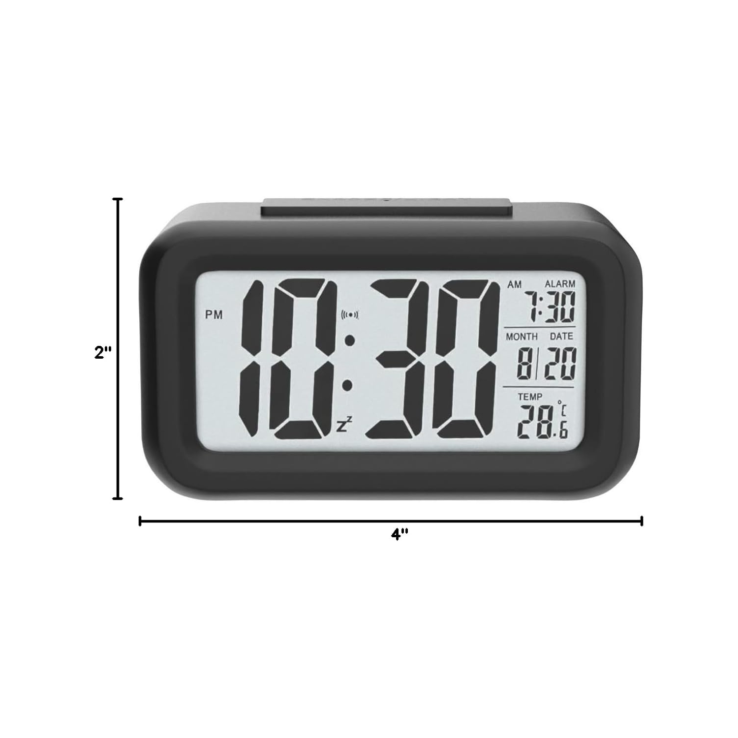Digital Alarm Clock, Bedroom Alarm Clock with Smart Night Light, Room Temperature, Large LED Display, Battery Powered Desk Clock, English Version
