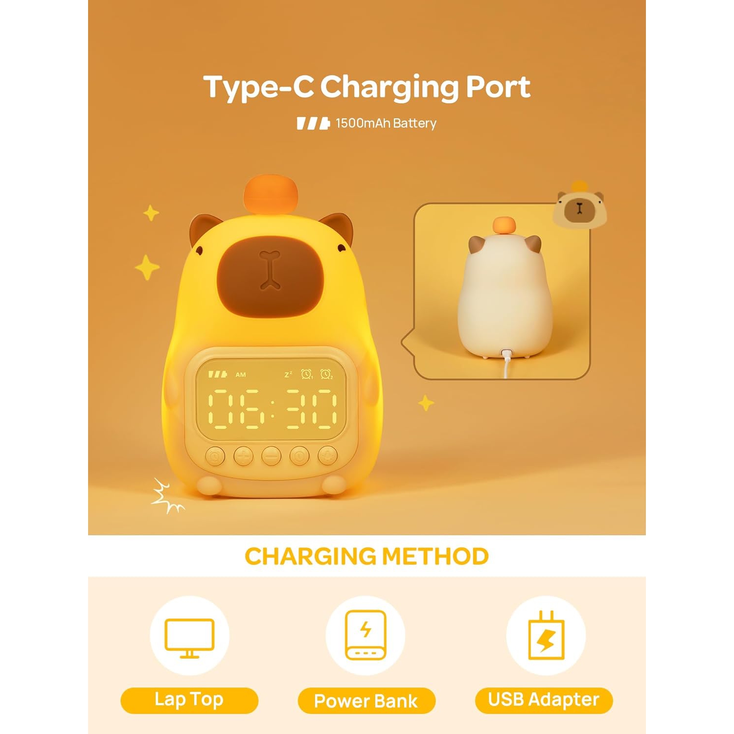 Cute Capybara Animal Alarm Clock, Alarm Clock with Light, Smart Student Bedside Alarm Clock, Children's Digital Alarm Clock - Yellow