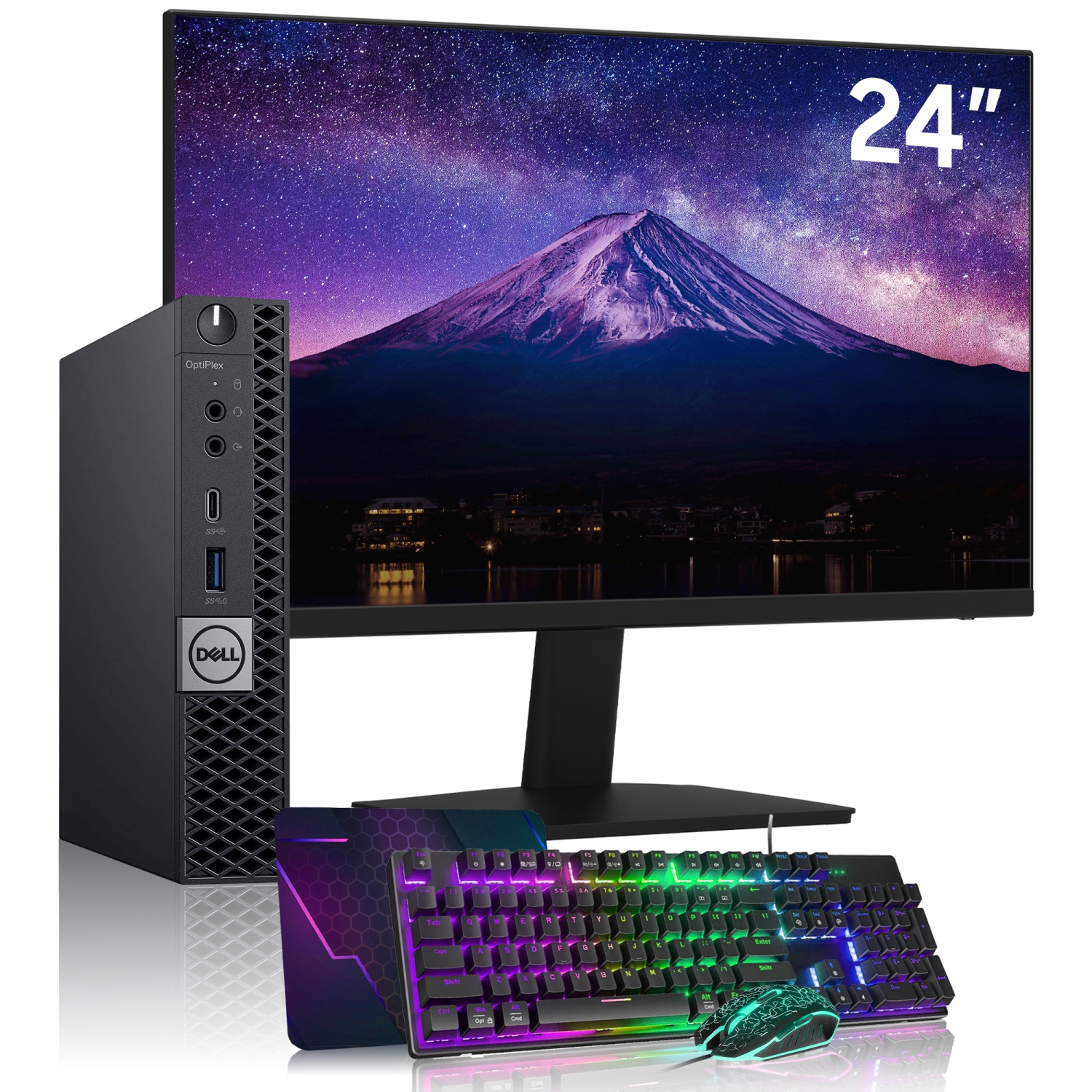 Refurbished - Dell OptiPlex 7070 Mini Desktop PC, 24” Inch FHD Monitor, Intel Core i5-8500T, 16GB DDR4 RAM, 256GB NVMe SSD, WiFi, RGB Keyboard &