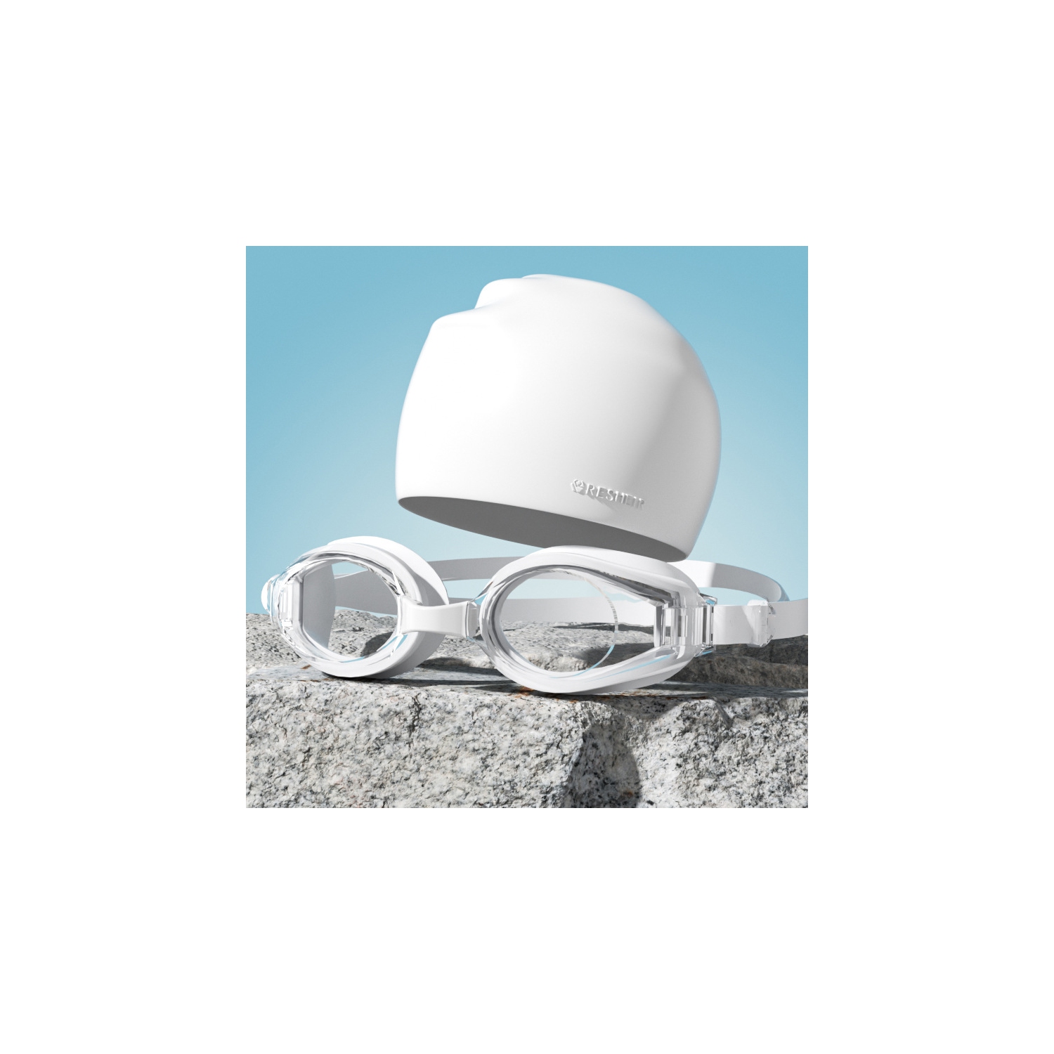 HD Adult Waterproof and Fog-proof Swimming Goggles, Goggles for Men and Women Silicone Swimming Goggles and Swimming Cap Set - White and Transparent