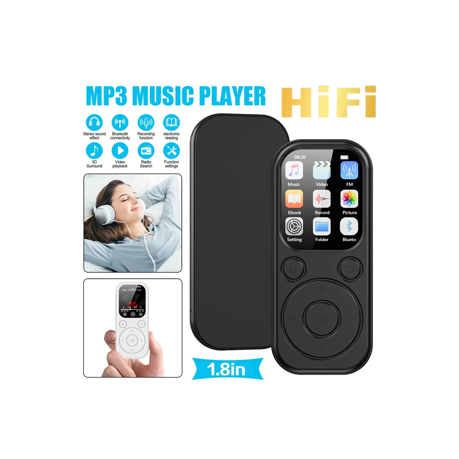 Lecteur de musique MP3/MP4 Bluetooth Walkman IPS HD Enregistrement sur grand écran - Prend en charge Bluetooth 5,4, qualité sonore haute fidélité,