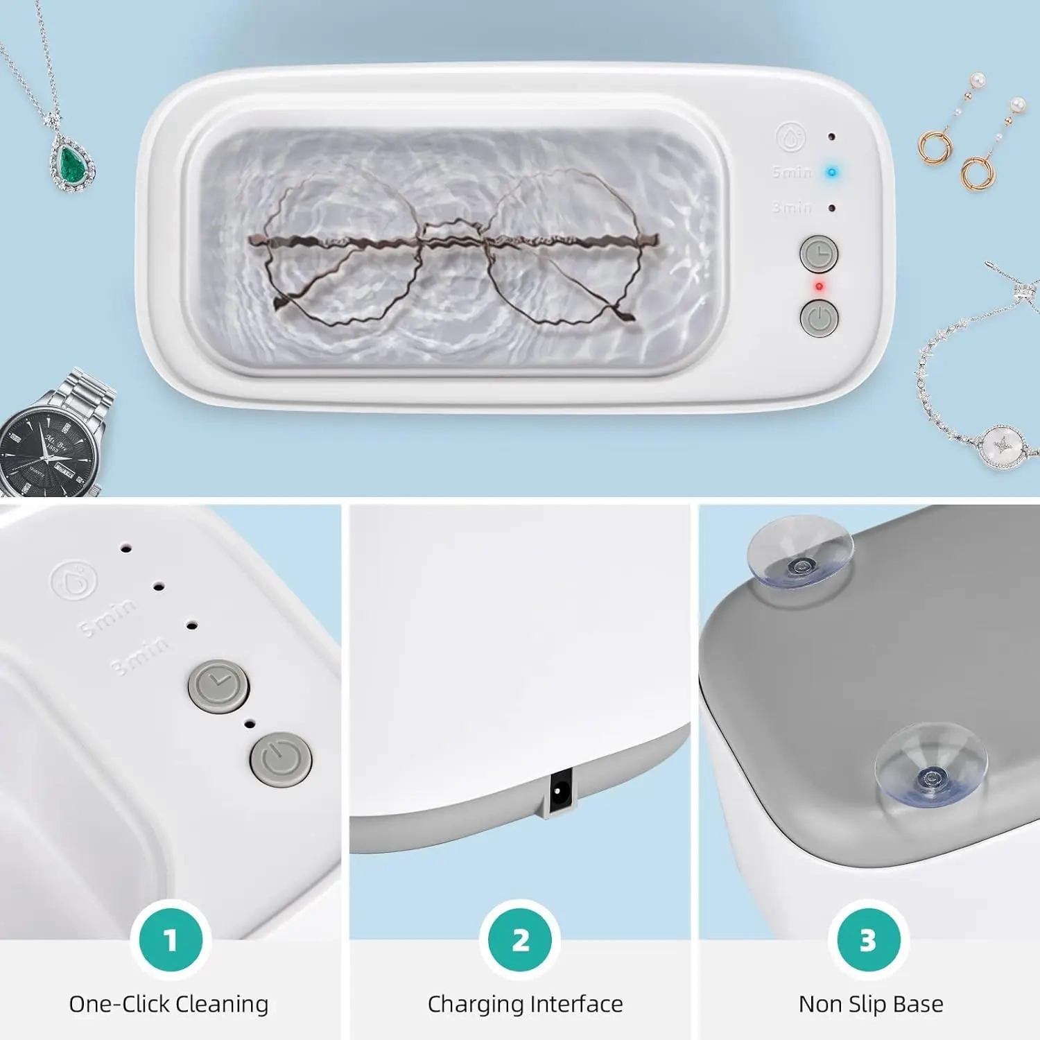 Ultrasonic Jewelry Cleaner, 3 Modes Portable Cleaner for Glasses, Rings, Earrings, Necklaces, Watchbands, Makeup Brushes, One-Button Operation