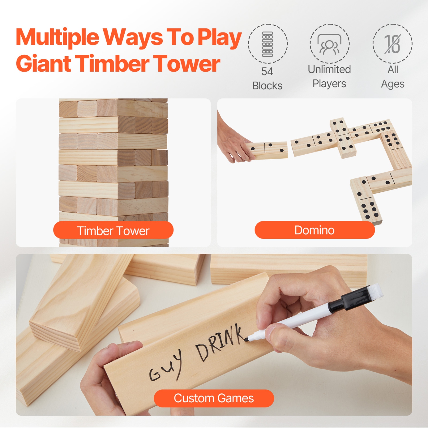 VEVOR Tumbling Timber Toy, 54 Blocks Medium Tumble Tower Blocks Game, Pine Wood Tumbling Tower Game with Carry Bag and Scoreboard, Wooden Stacking