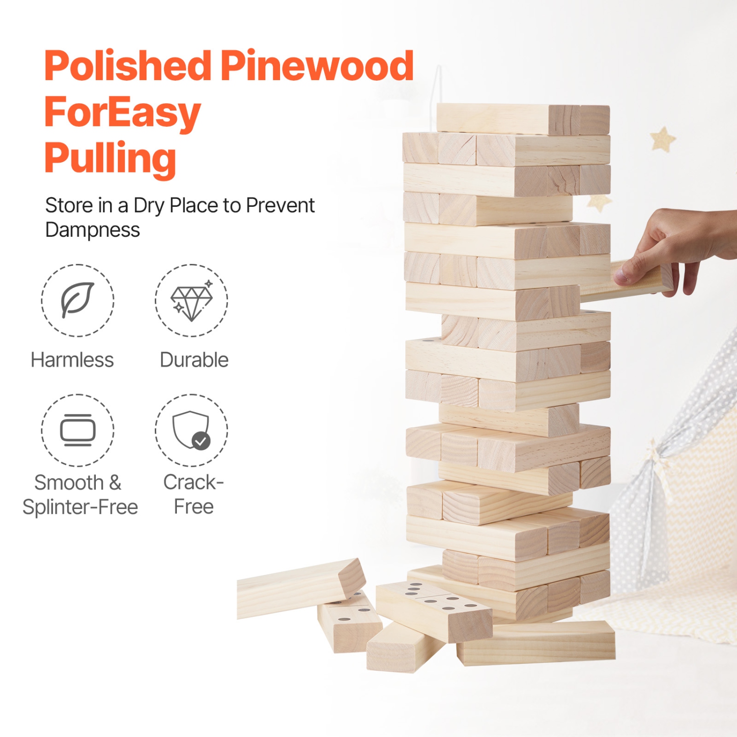 VEVOR Tumbling Timber Toy, 54 Blocks Medium Tumble Tower Blocks Game, Pine Wood Tumbling Tower Game with Carry Bag and Scoreboard, Wooden Stacking