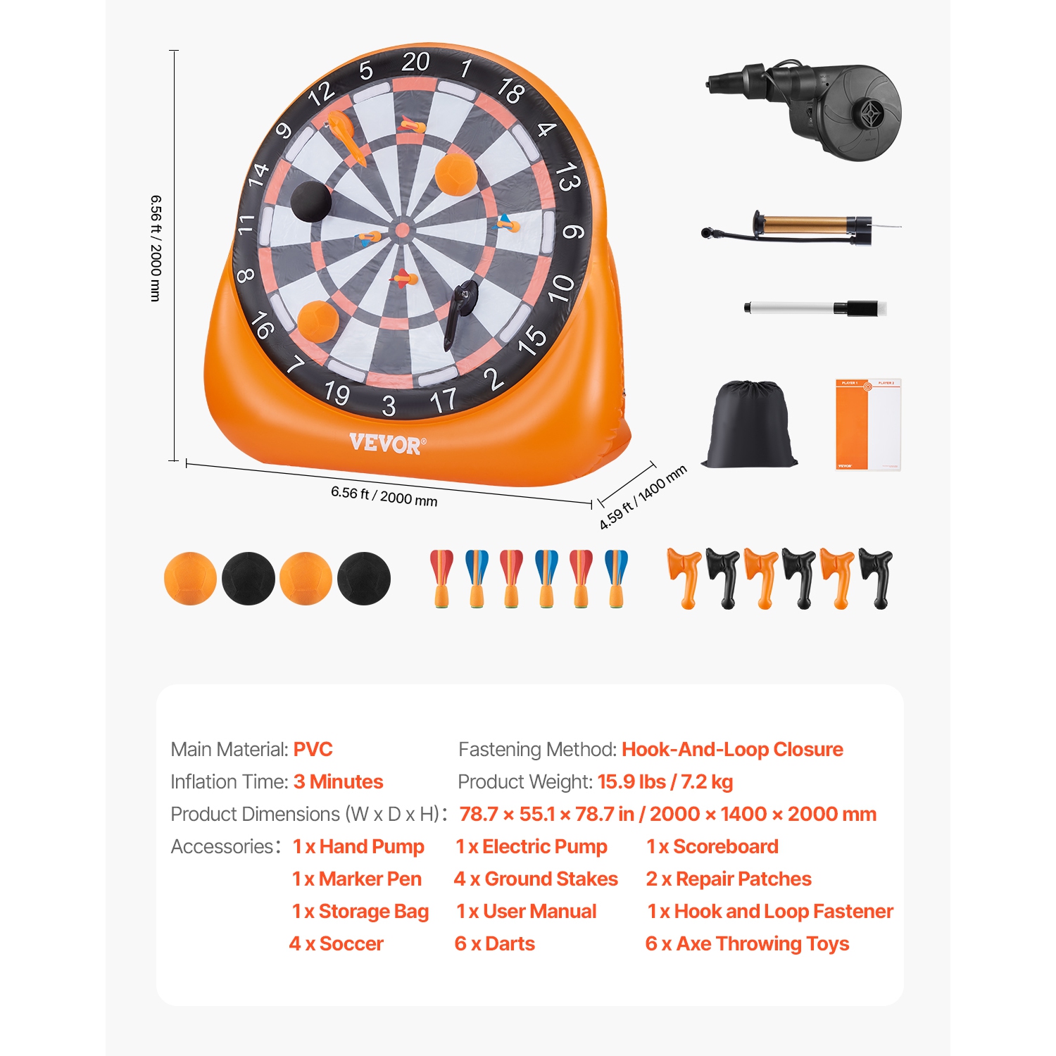 VEVOR Inflatable Soccer Dart Board, over 6 ft High Giant Soccer Dart Board with 4 Kick Balls 6 Darts 6 Axe&Air Pump, 3-Min Setup, Ideal for Giant