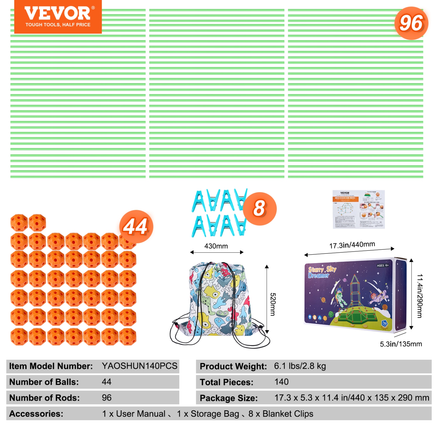 VEVOR Fort Building Kit for Kids, 140PCS Glow in The Dark STEM Building Toys, Educational Gift for 4 5 6 7 8+ Year Old Play Tent Construction Toys