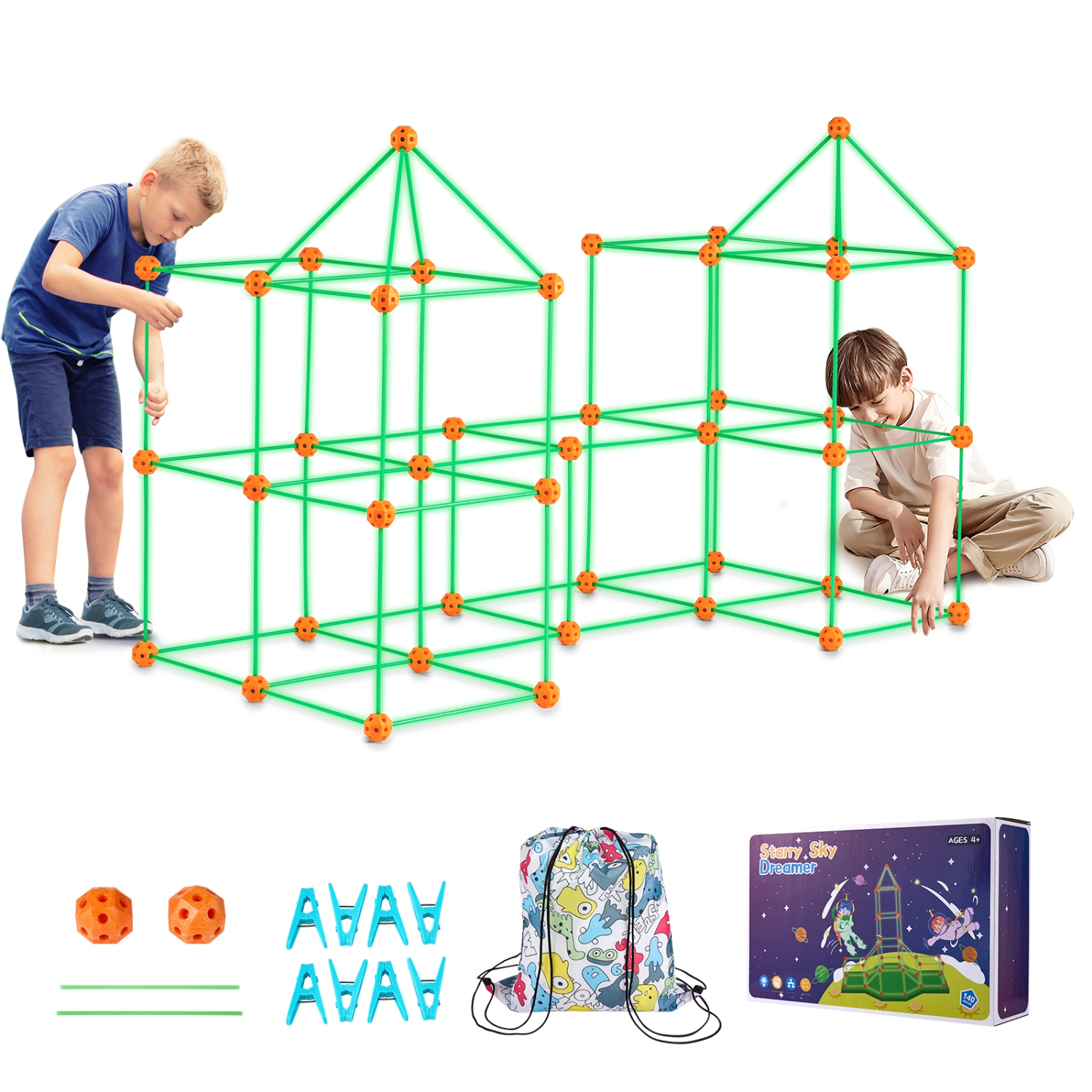 VEVOR Fort Building Kit for Kids, 140PCS Glow in The Dark STEM Building Toys, Educational Gift for 4 5 6 7 8+ Year Old Play Tent Construction Toys