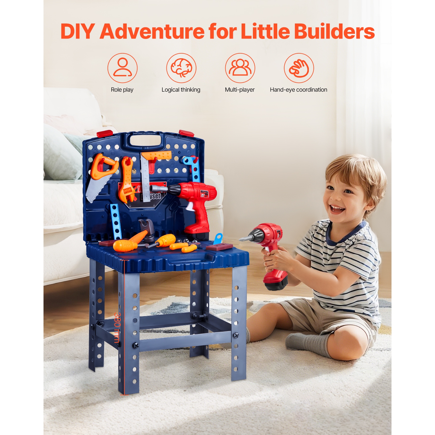 VEVOR 56 pcs Kids Workbench, Kids Tool Bench with Realistic Tools and Electric Drill, Pretend Play Construction Workbench Toys, Toddler Work Bench