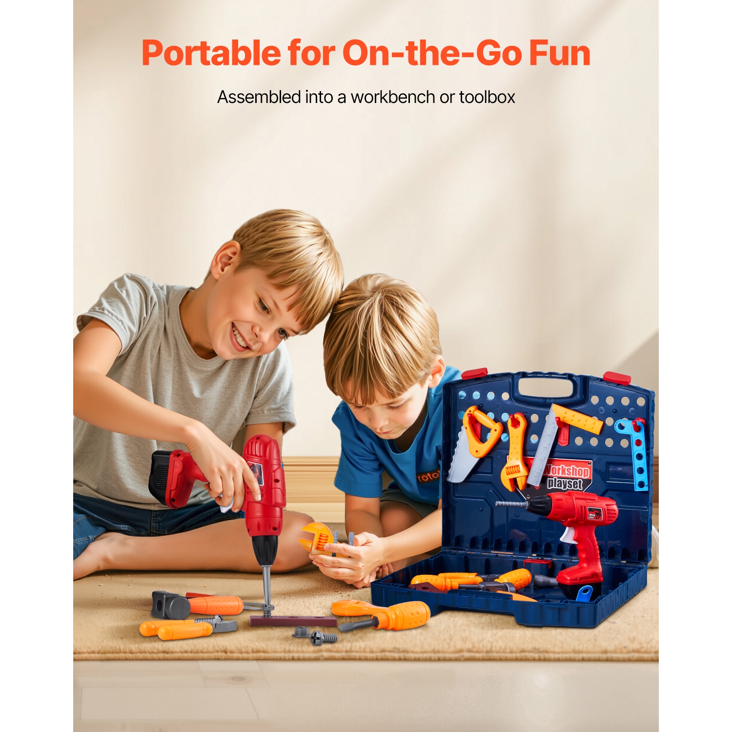 VEVOR 56 pcs Kids Workbench, Kids Tool Bench with Realistic Tools and Electric Drill, Pretend Play Construction Workbench Toys, Toddler Work Bench