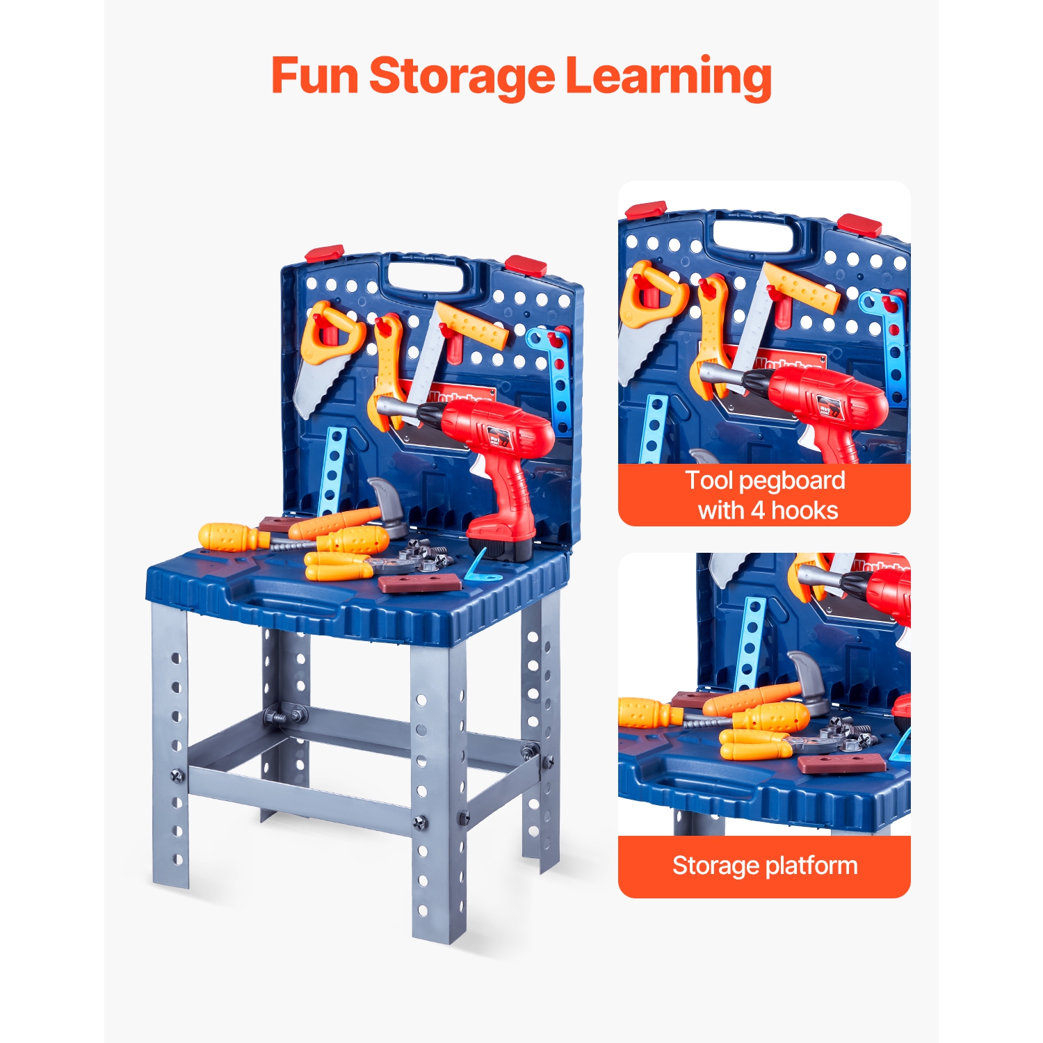 VEVOR 56 pcs Kids Workbench, Kids Tool Bench with Realistic Tools and Electric Drill, Pretend Play Construction Workbench Toys, Toddler Work Bench