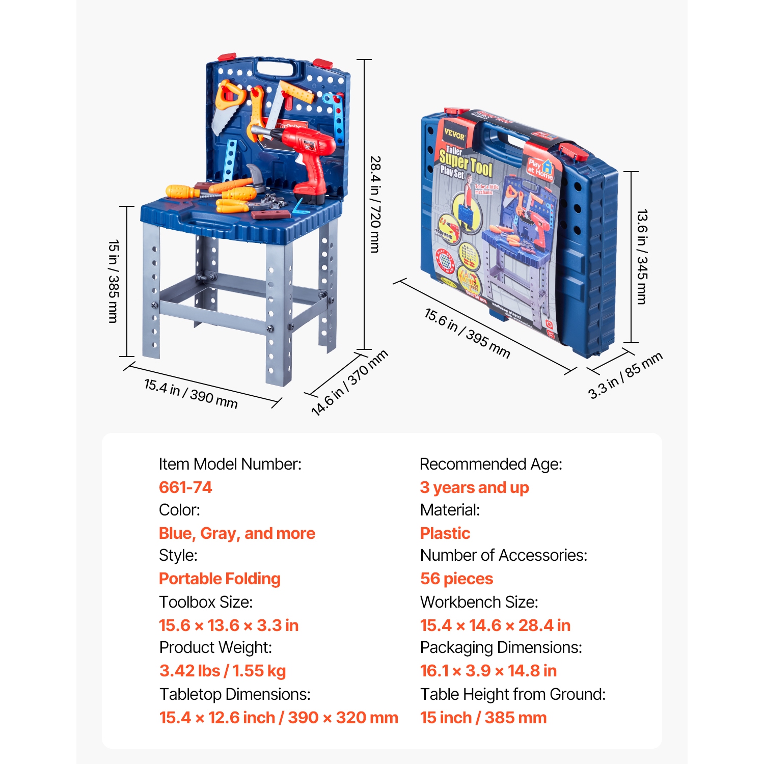 VEVOR 56 pcs Kids Workbench, Kids Tool Bench with Realistic Tools and Electric Drill, Pretend Play Construction Workbench Toys, Toddler Work Bench