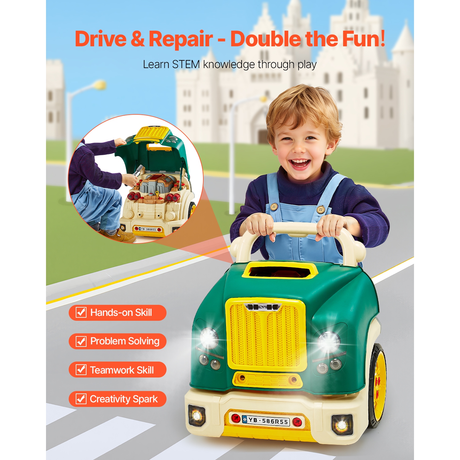 VEVOR 60 Pieces Engine Toy, Kids Mechanic Car Repair Set with Removable Parts, Lights and Sounds, Steering Wheel and Horn, Kids Mechanic Workshop Set