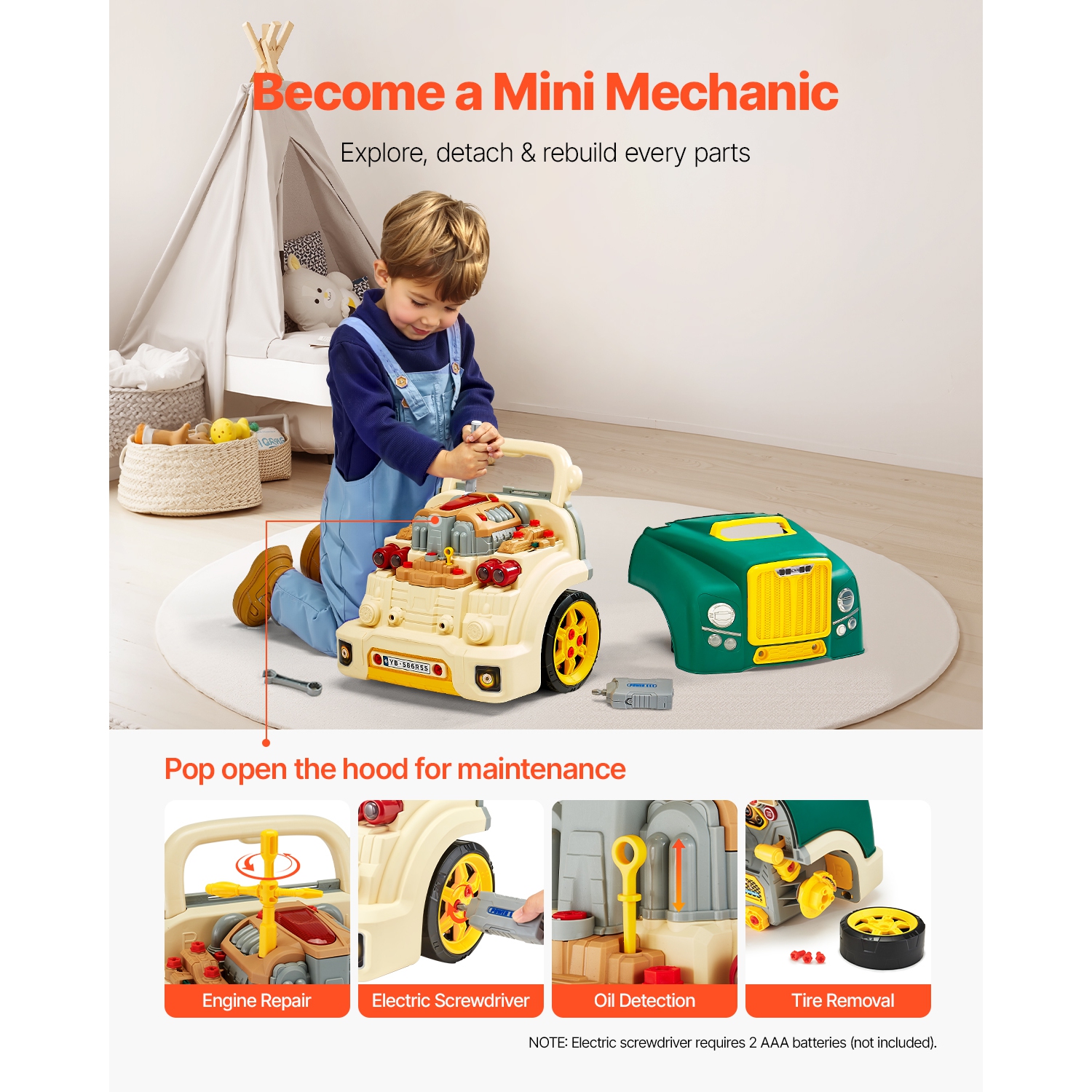 VEVOR 60 Pieces Engine Toy, Kids Mechanic Car Repair Set with Removable Parts, Lights and Sounds, Steering Wheel and Horn, Kids Mechanic Workshop Set