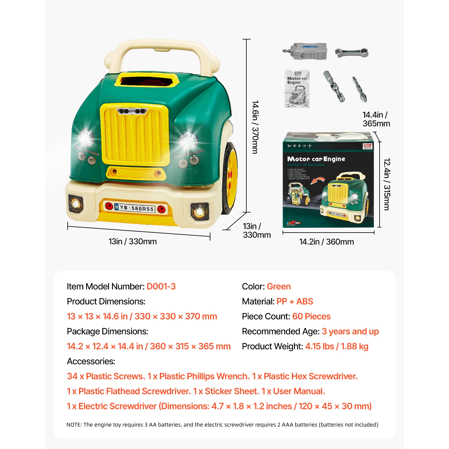 VEVOR 60 Pieces Engine Toy, Kids Mechanic Car Repair Set with Removable Parts, Lights and Sounds, Steering Wheel and Horn, Kids Mechanic Workshop Set