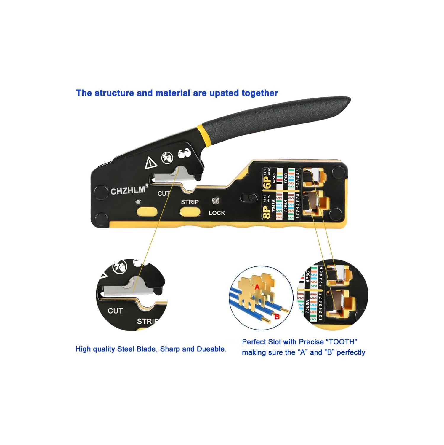 Kit d'outils à sertir RJ45 CHZHLM avec pince à sertir – Tout-en-un pour Cat5/Cat5e/Cat6/Cat6a et 11/12, comprend un testeur de câble, une pince à