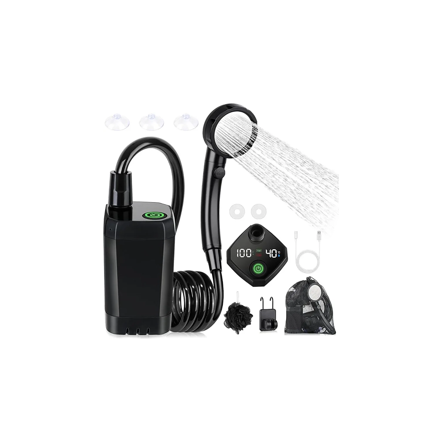 Douche d'extérieur portative, douche de camping rechargeable avec pomme de douche, écran Smart LED et pompe de douche électrique pour les voyages