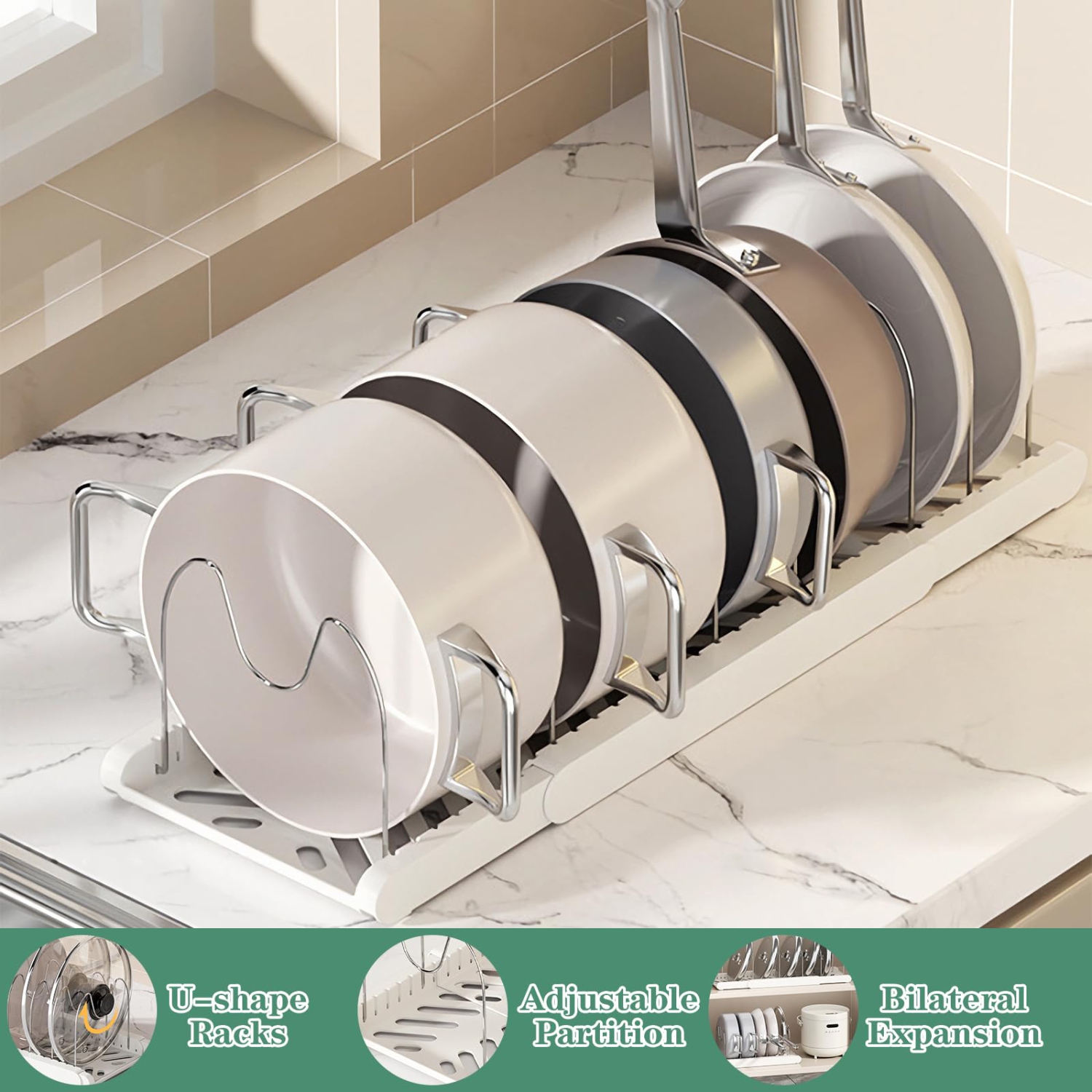 Rangement sous l'armoire pour casseroles et poêles, support télescopique à trois sections pour casseroles et poêles avec 7 tablettes ajustables pour