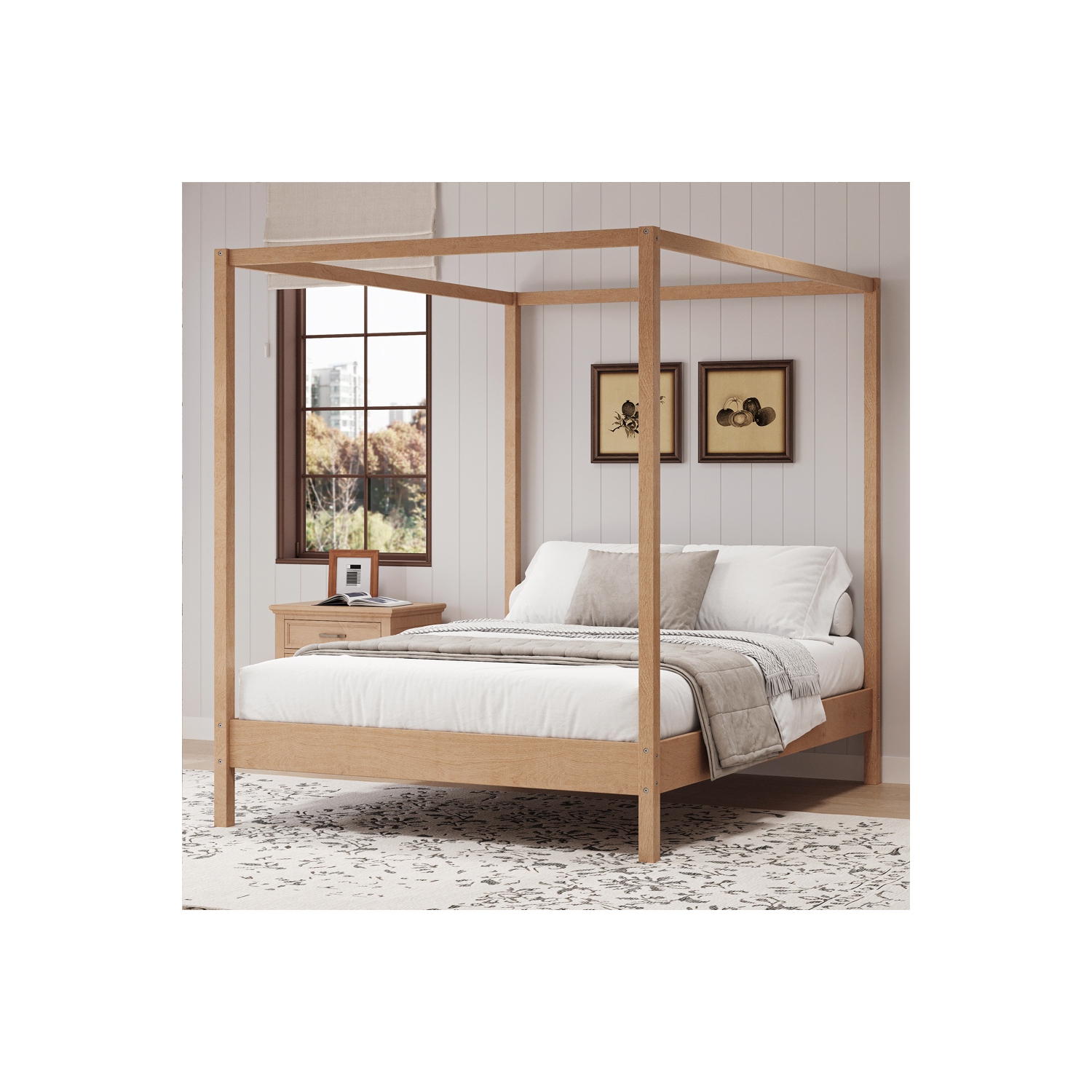 Kepooman Solid Wood Queen Size Canopy Bed Frame Four Poster Platform Bed with Slats Support - Natural