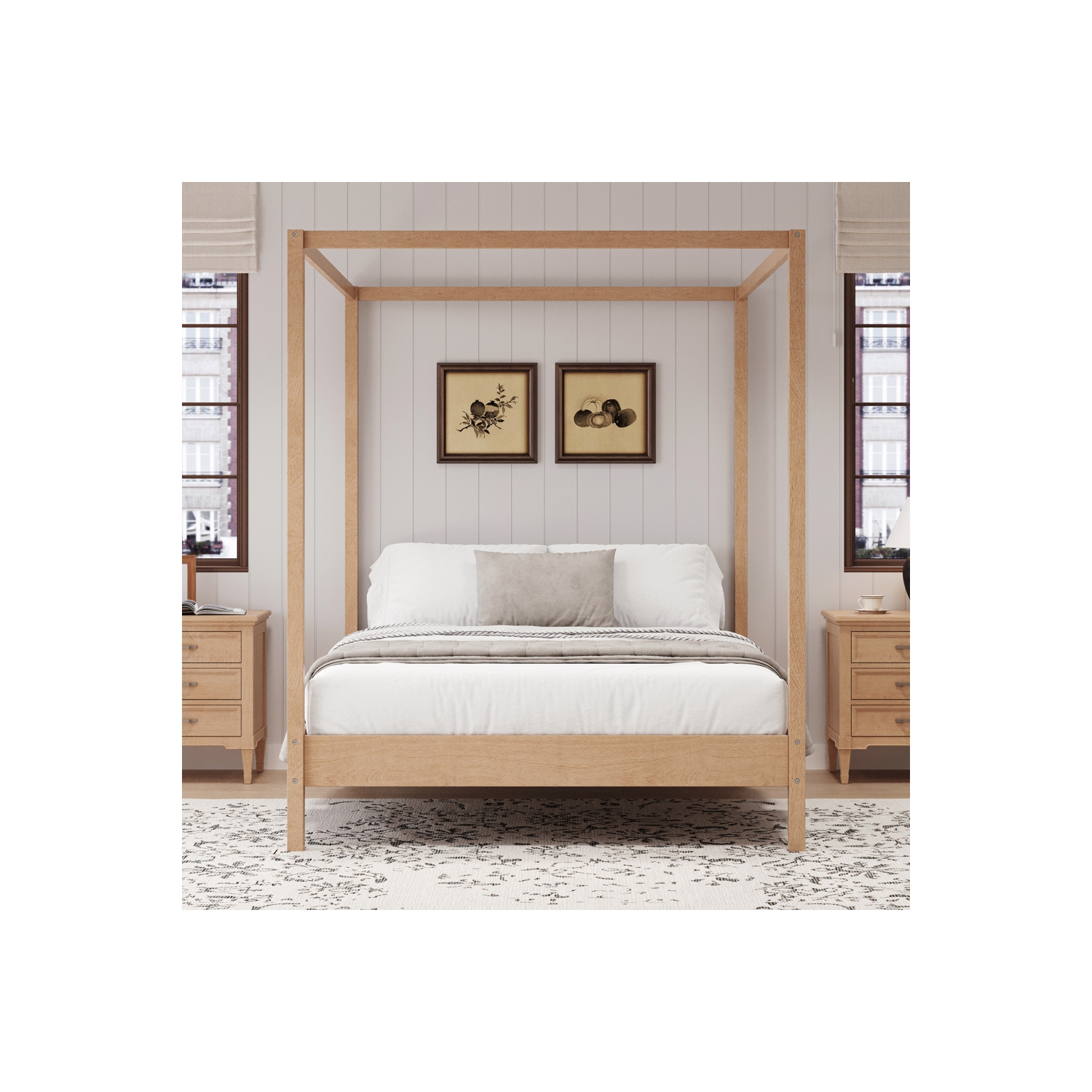 Kepooman Solid Wood Queen Size Canopy Bed Frame Four Poster Platform Bed with Slats Support - Natural
