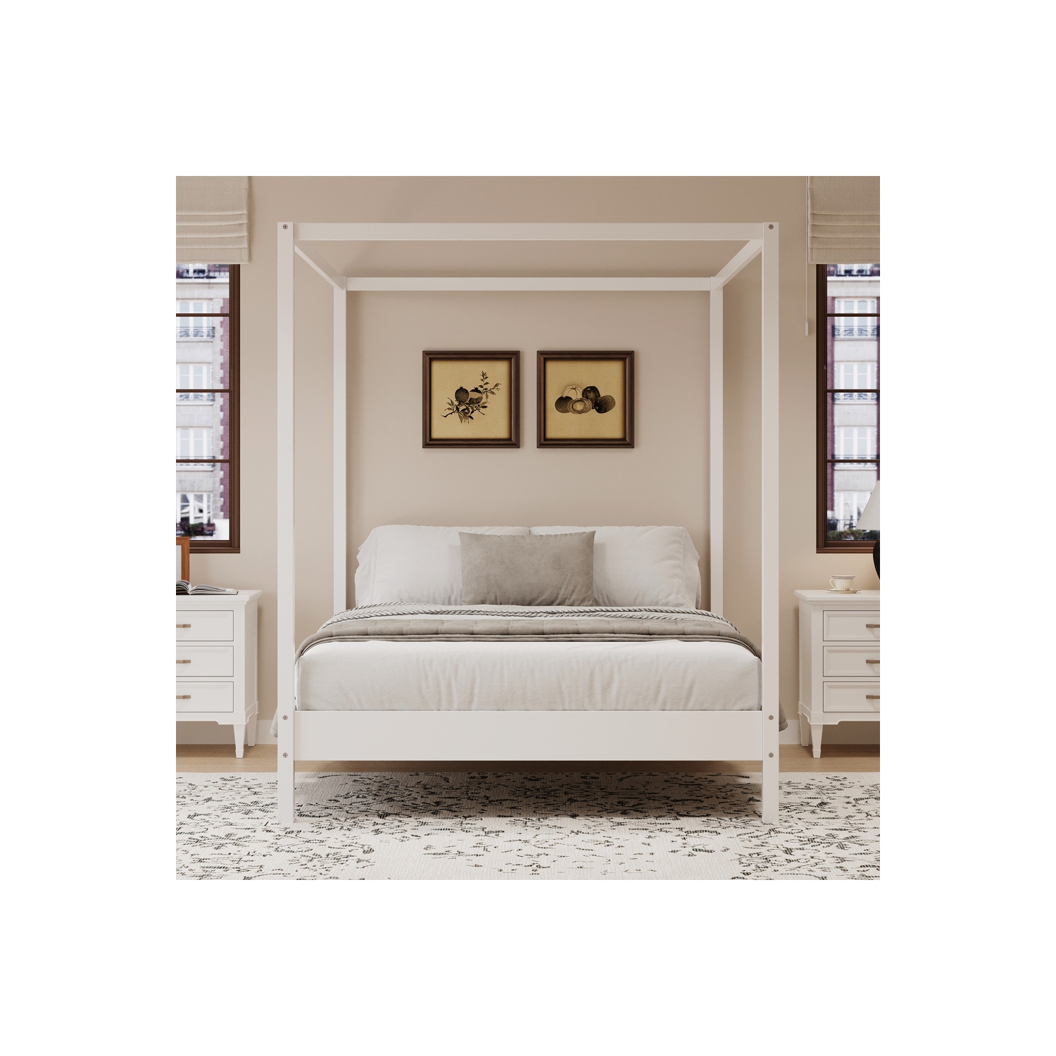 Kepooman Solid Wood King Size Canopy Bed Frame Four Poster Platform Bed with Slats Support - White