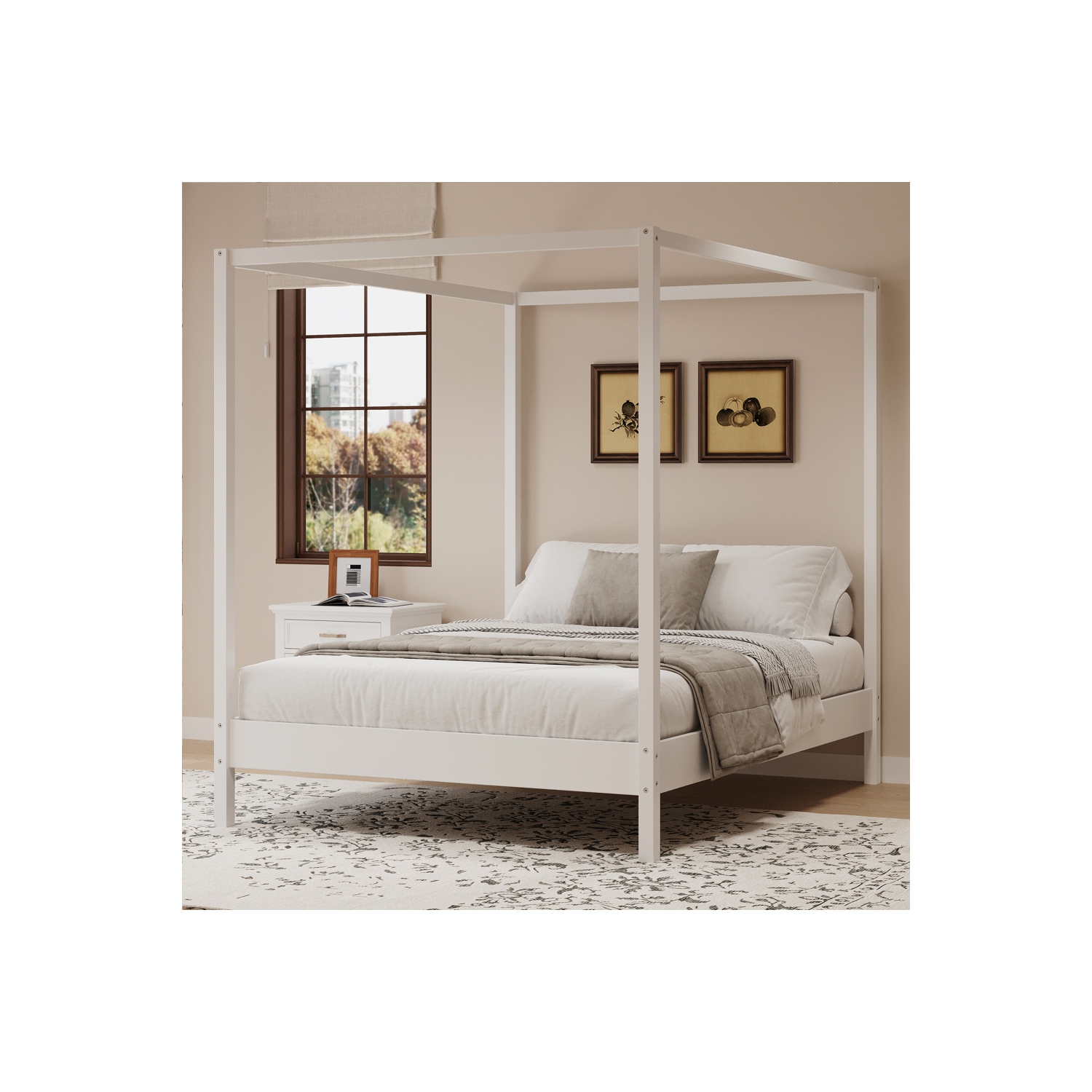 Kepooman Solid Wood King Size Canopy Bed Frame Four Poster Platform Bed with Slats Support - White