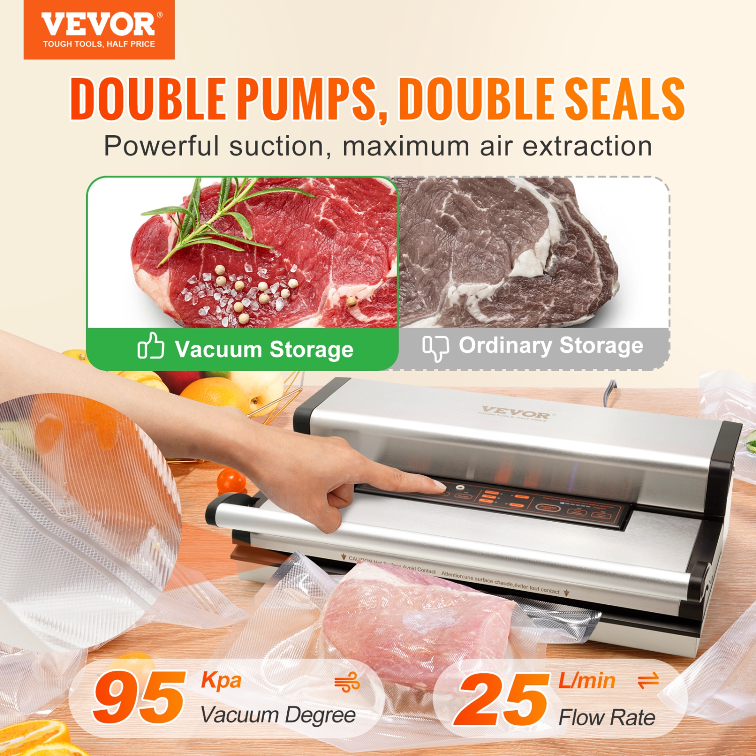 VEVOR 95Kpa Vacuum Sealer Machine, 350W Powerful Dual Pump and Dual Sealing, Dry and Moist Food Storage, Automatic and Manual,with Built-in Cutter,