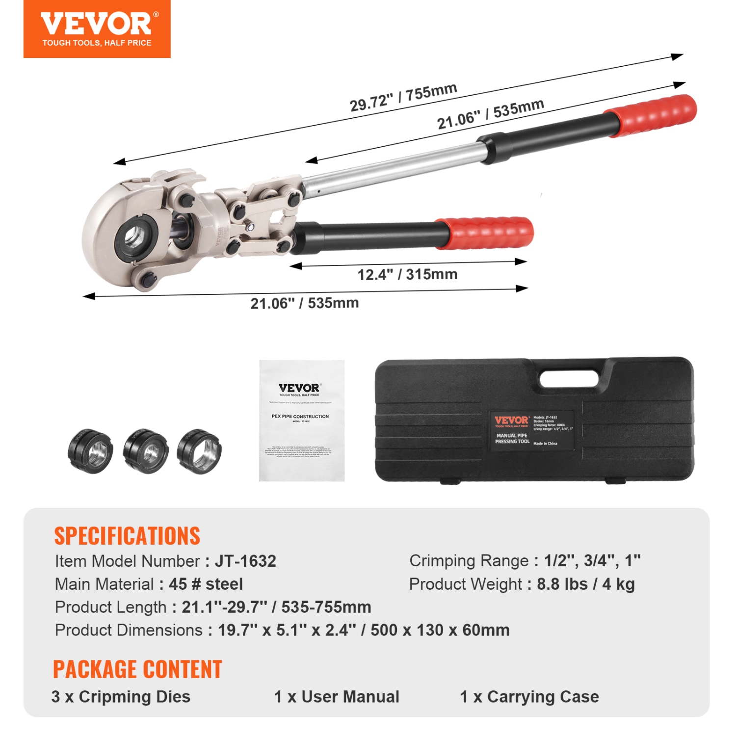 VEVOR 360° Copper Press Tool Tube Fittings Crimping Kit,with 1/2",3/4", 1" Quick Change Jaws, Rotatable Crimp Tool & Locking Pin, Extendable Handle,