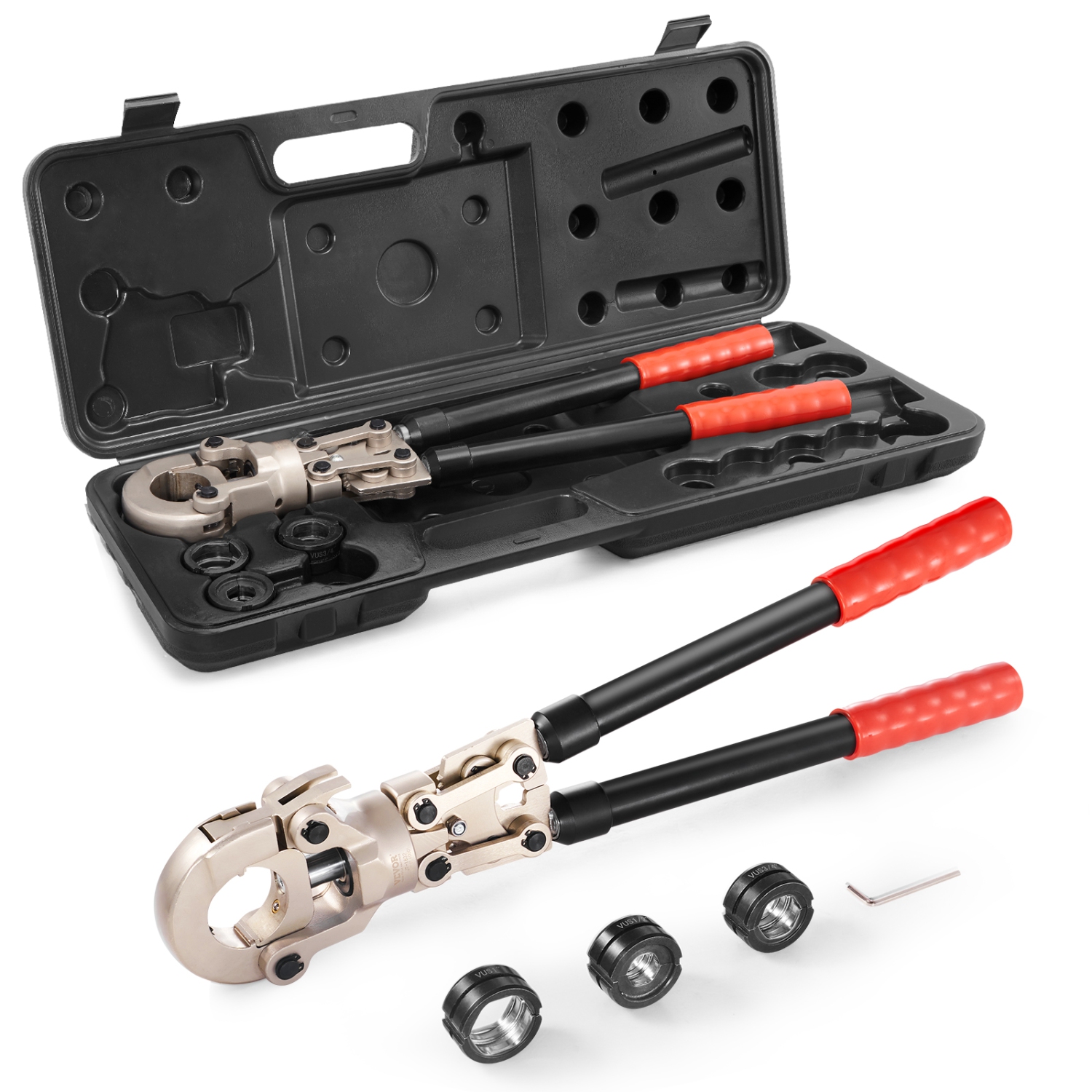 VEVOR 360° Copper Press Tool Tube Fittings Crimping Kit,with 1/2",3/4", 1" Quick Change Jaws, Rotatable Crimp Tool & Locking Pin, Extendable Handle,