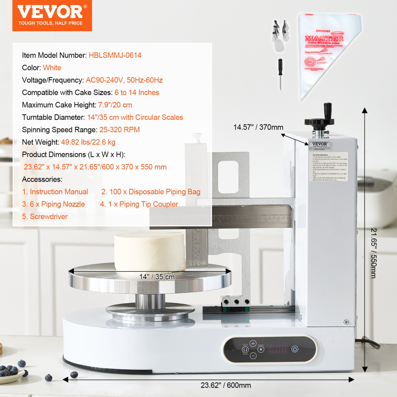 VEVOR 6" to 14" Cake Decorating Machine, Cake Cream Spreading Coating Smearing Machine, Low Noise Cake Frosting Machine, Turntable with Scraper,