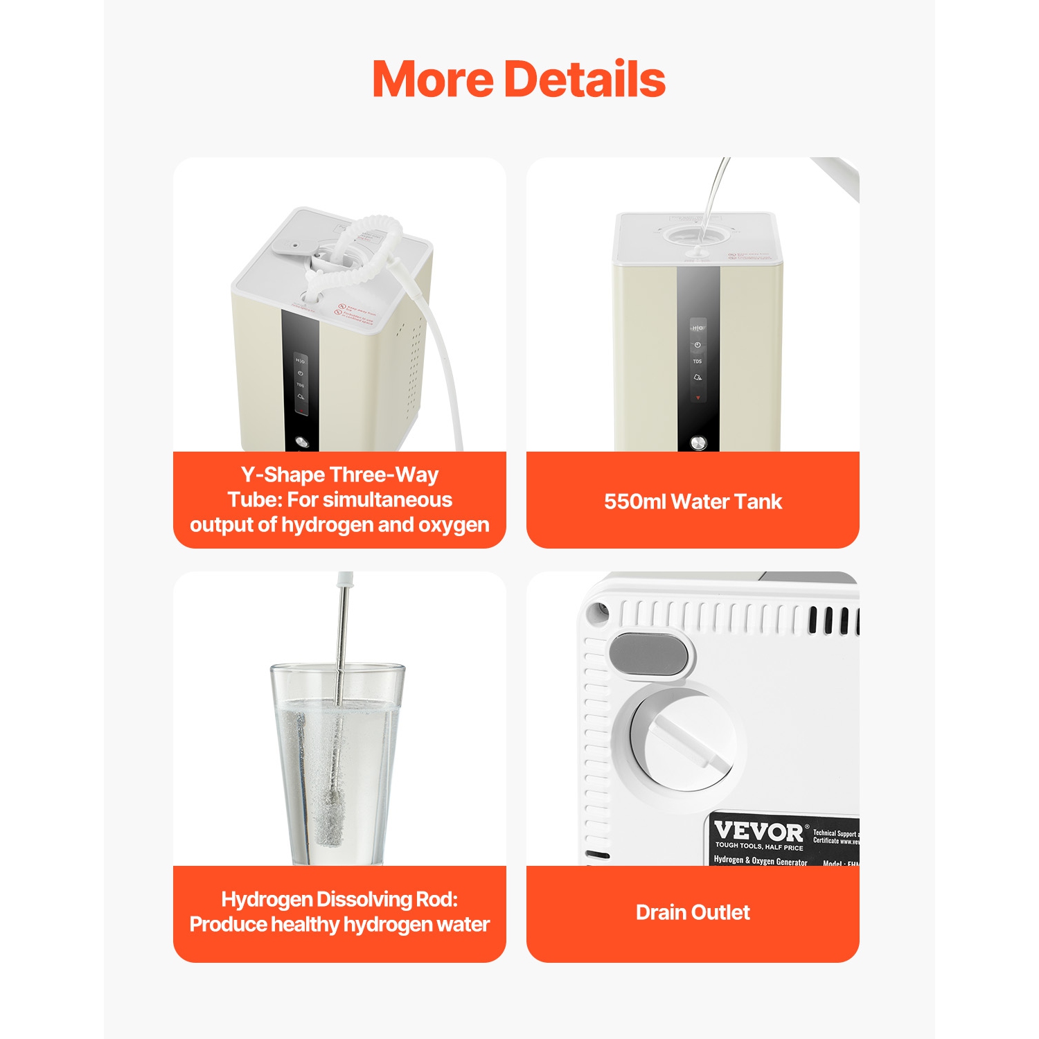 Inhalateur d'hydrogène de haute pureté VEVOR 99,99%, 225&nbsp;ml/min séparé par HO Inhalateur d'oxygène d'hydrogène à deux ports, générateur d'eau