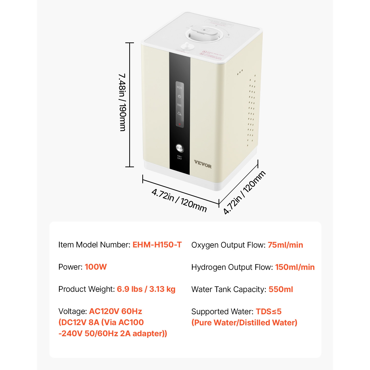 Inhalateur d'hydrogène de haute pureté VEVOR 99,99%, 225&nbsp;ml/min séparé par HO Inhalateur d'oxygène d'hydrogène à deux ports, générateur d'eau