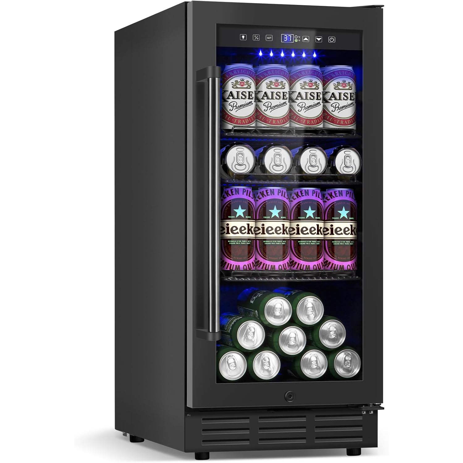 Beverage Refrigerator Cooler 15 Inch 130 Cans Under Counter Refrigerator Beer Fridge w/ Glass Door Adjustable Shelve & LED Light Bulit-in Soda Fridge