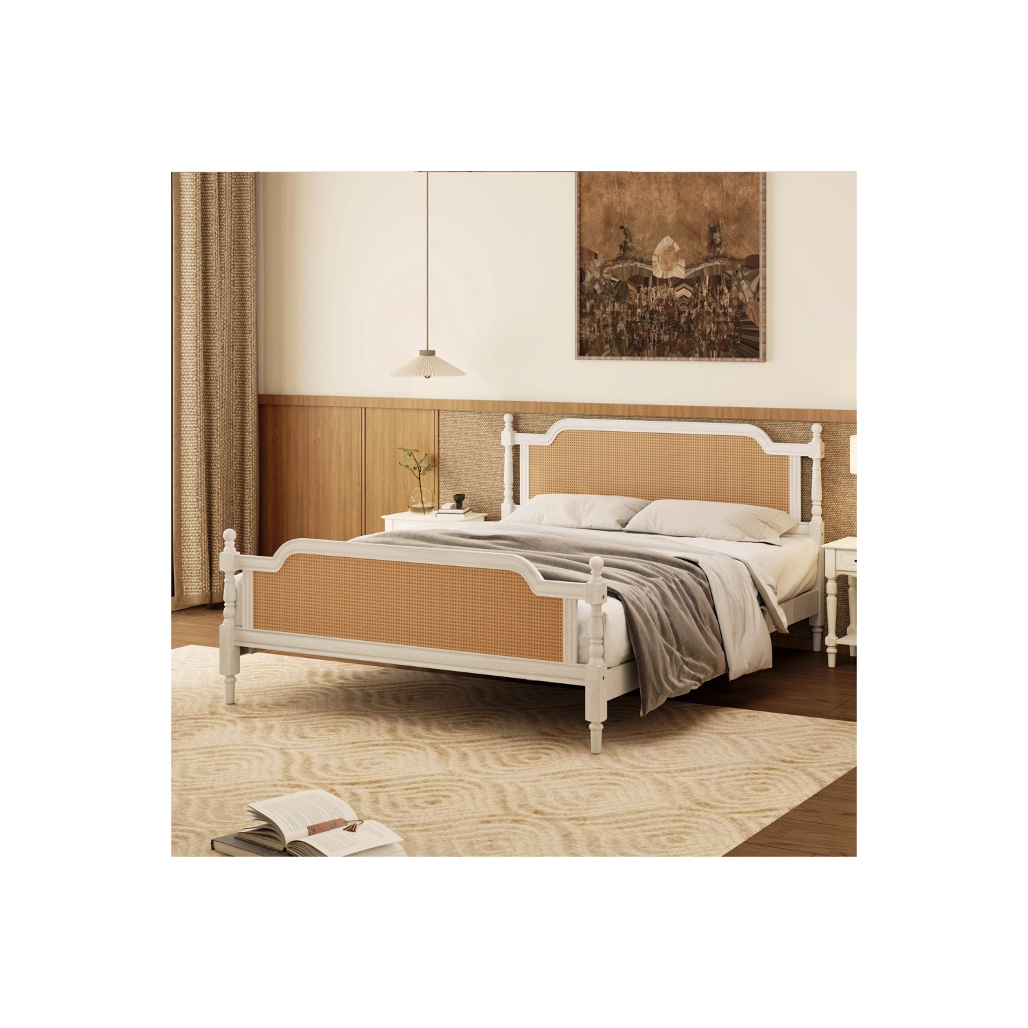 Cadre de grand lit de style traditionnel en rotin Kepooman - Blanc