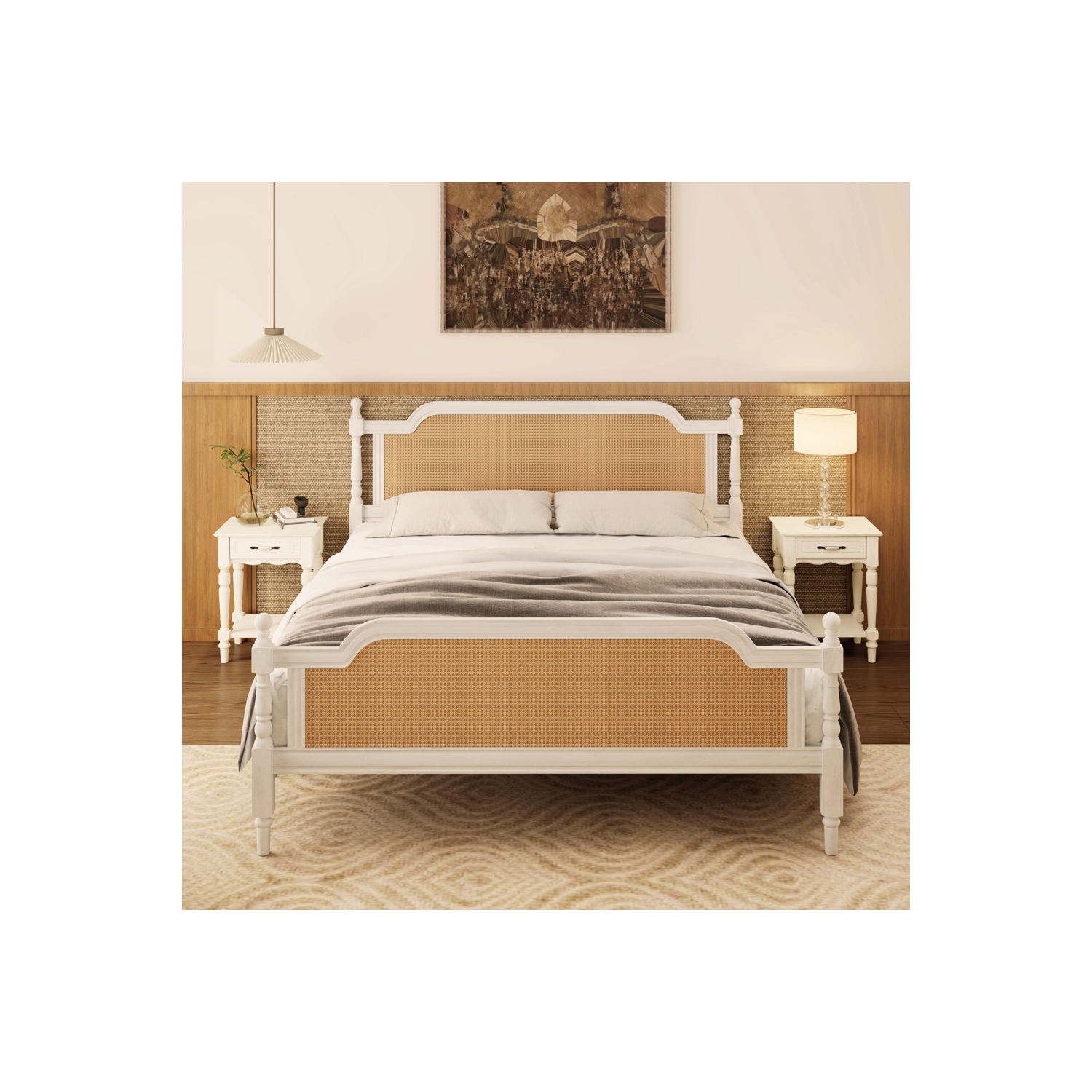 Cadre de grand lit de style traditionnel en rotin Kepooman - Blanc