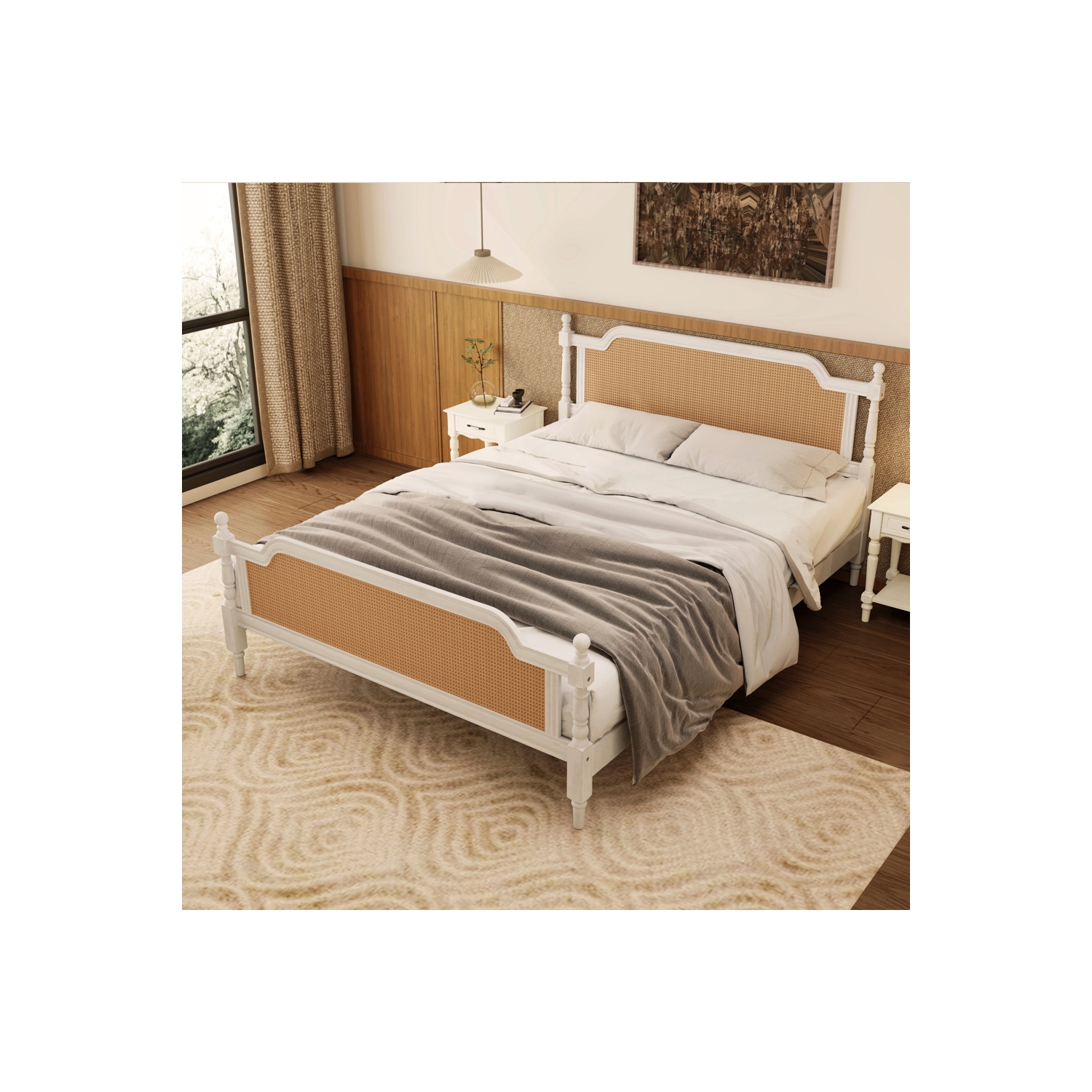 Cadre de grand lit de style traditionnel en rotin Kepooman - Blanc