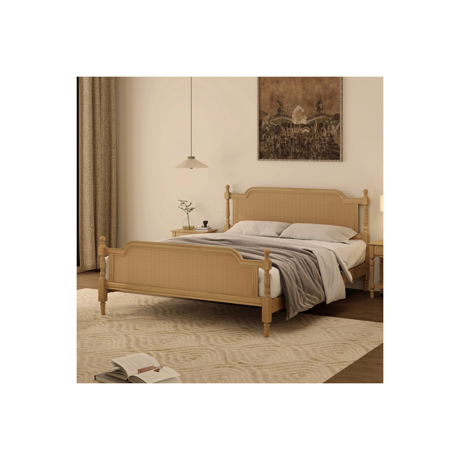 Kepooman Traditional Style Rattan Queen Size Bed Frame - Antique Walnut