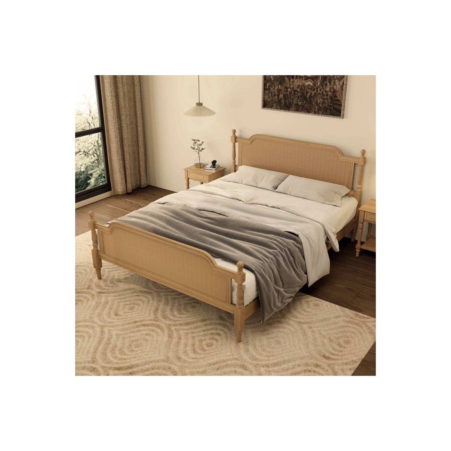 Kepooman Traditional Style Rattan Queen Size Bed Frame - Antique Walnut