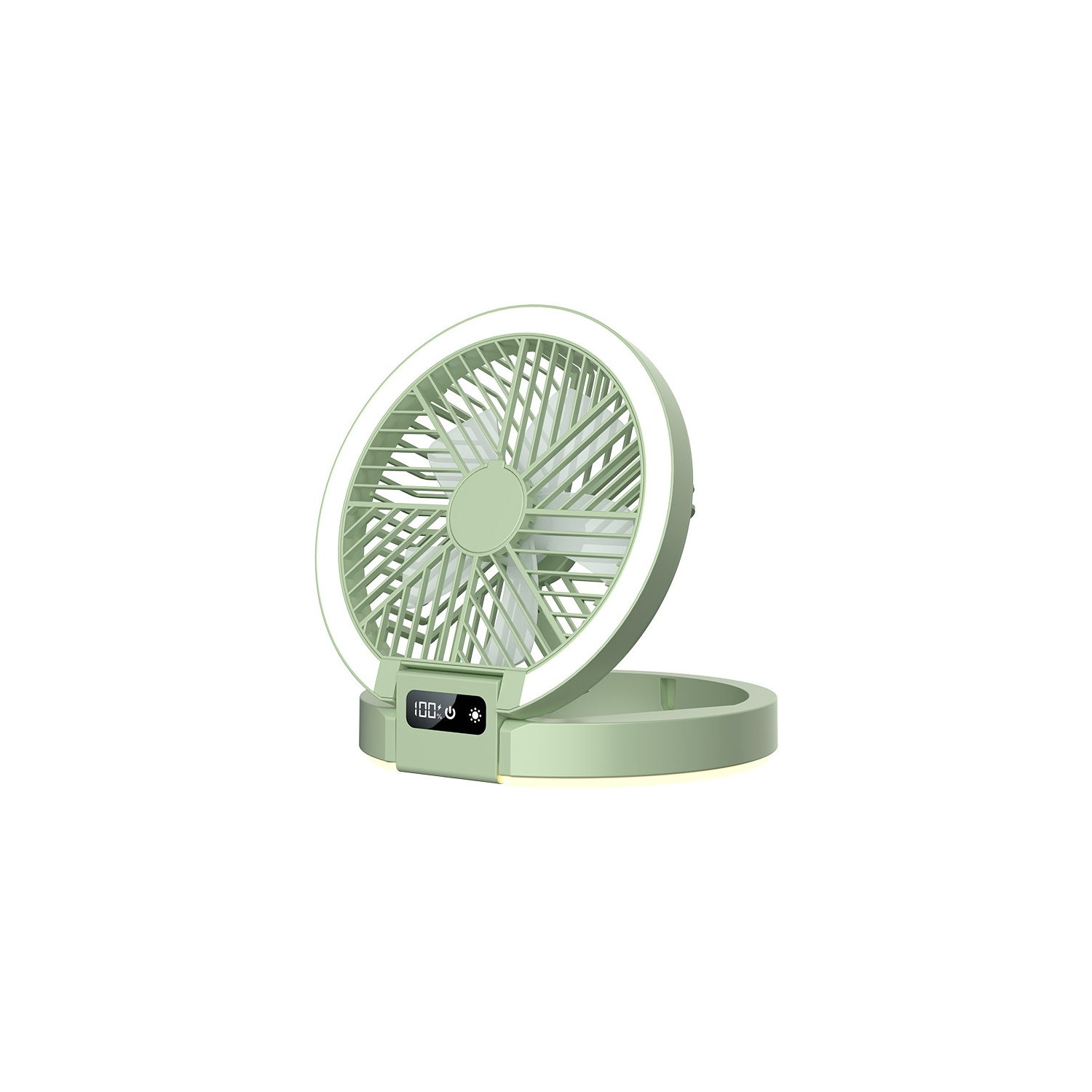New home table fan, dormitory camping digital display ultra-thin mini fan, folding night light bracket fan, LED light, rechargeable table fan - green