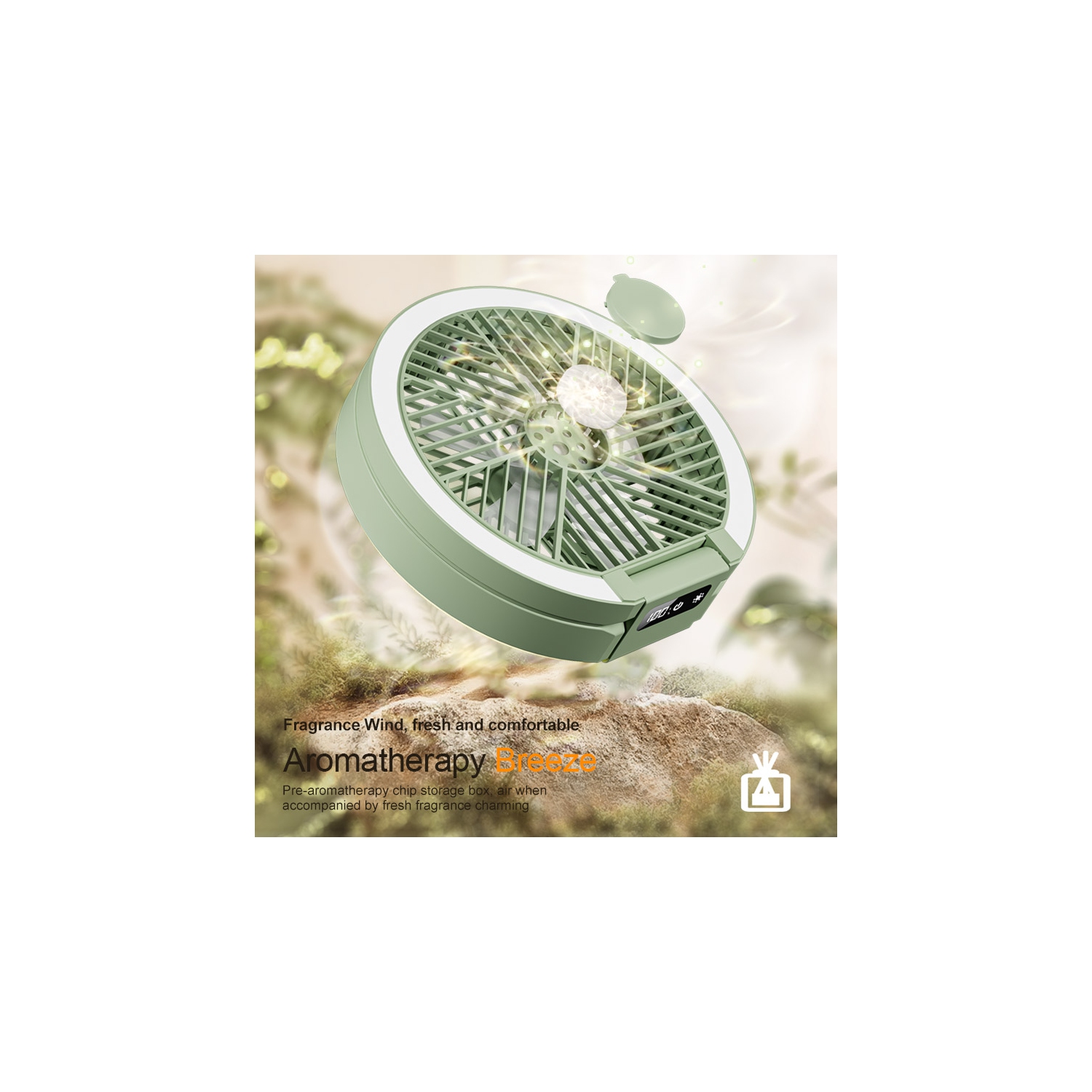 New home table fan, dormitory camping digital display ultra-thin mini fan, folding night light bracket fan, LED light, rechargeable table fan - green