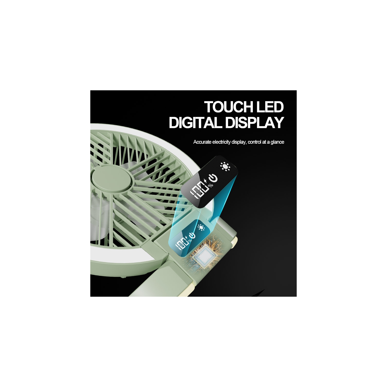 New home table fan, dormitory camping digital display ultra-thin mini fan, folding night light bracket fan, LED light, rechargeable table fan - green