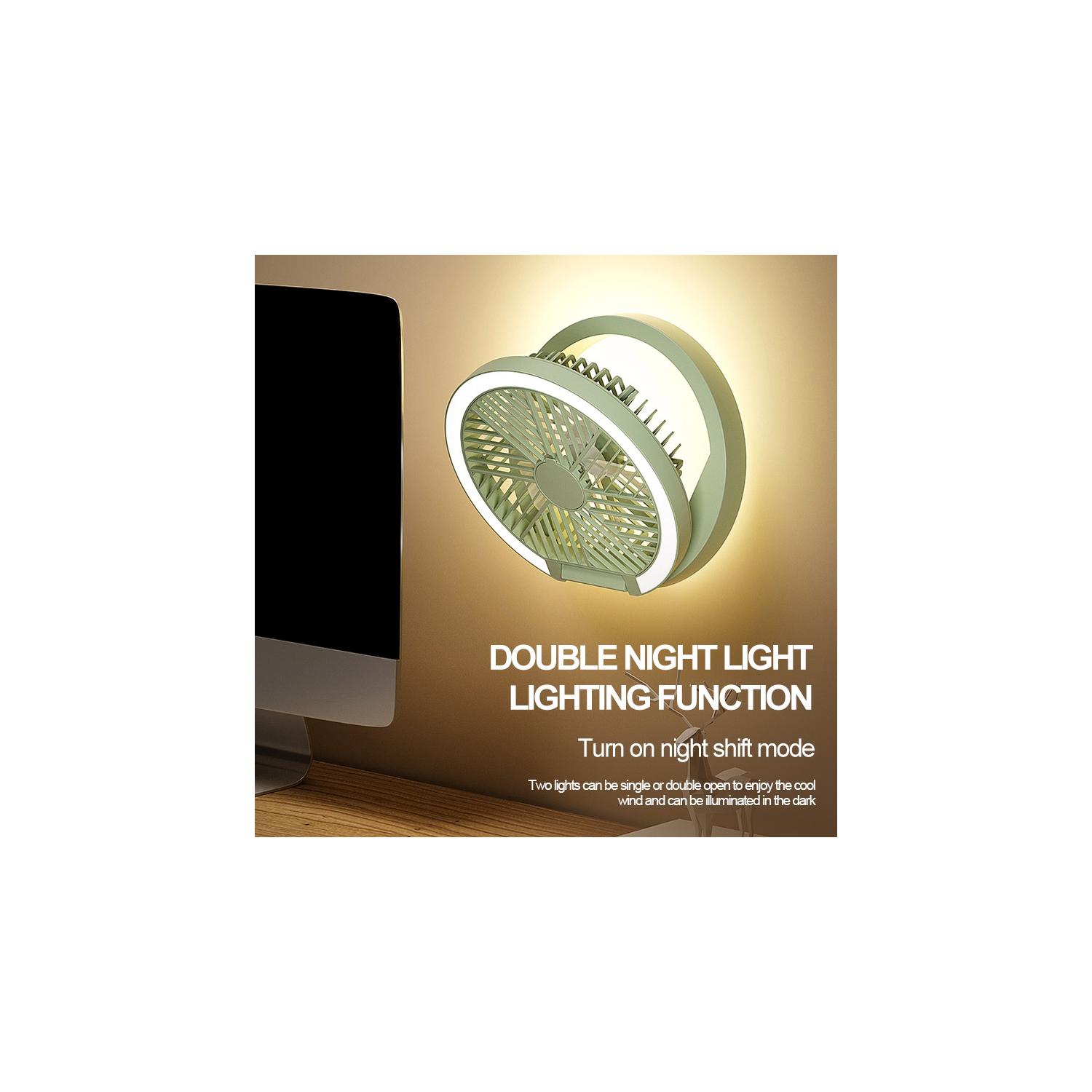New home table fan, dormitory camping digital display ultra-thin mini fan, folding night light bracket fan, LED light, rechargeable table fan - green
