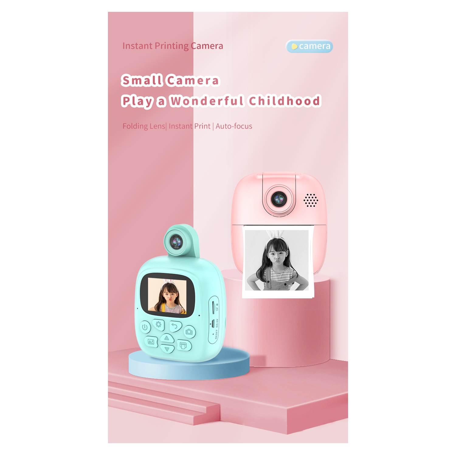 New cartoon smart children's camera thermal instant printing digital small SLR camera toy pixel 4800W, 2.0 inches, green Polaroid