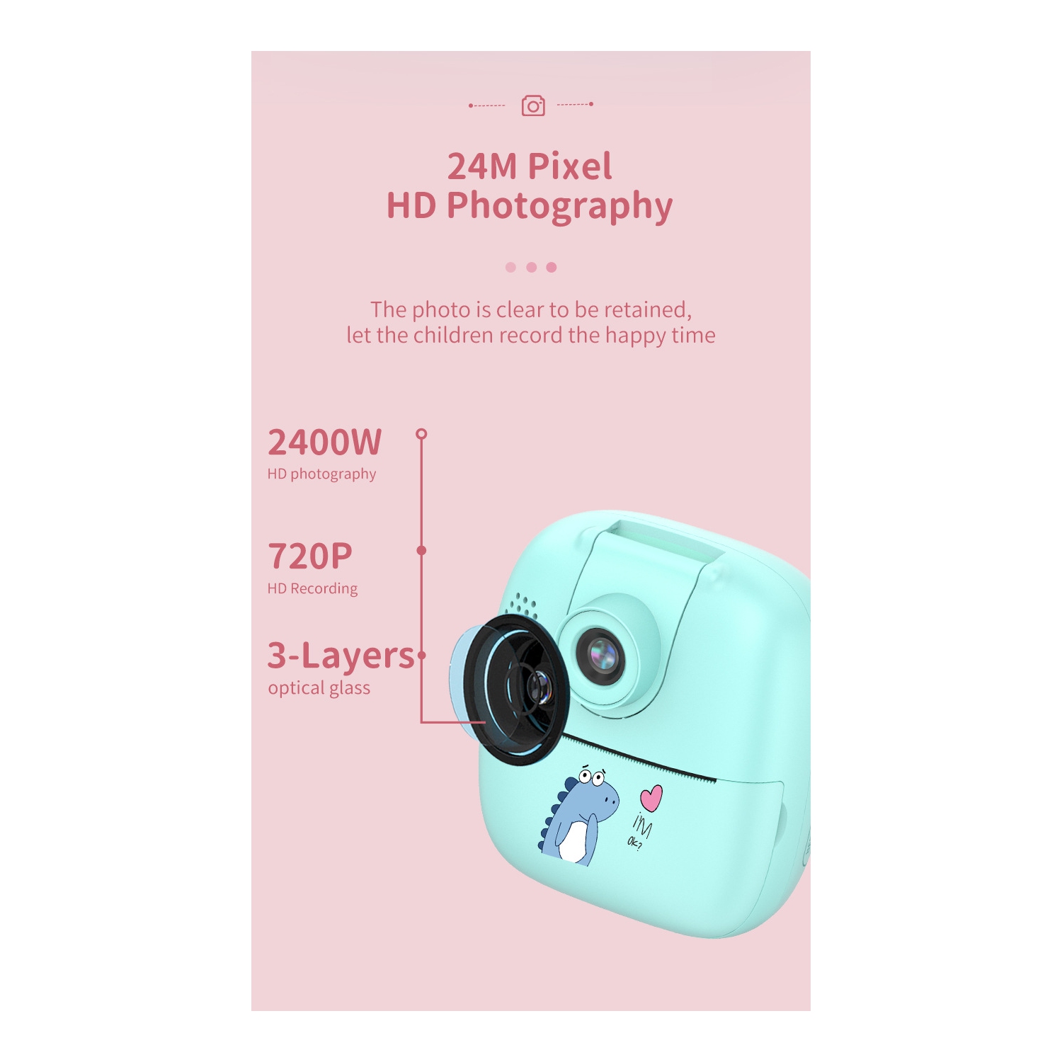 New cartoon smart children's camera thermal instant printing digital small SLR camera toy pixel 4800W, 2.0 inches, green Polaroid