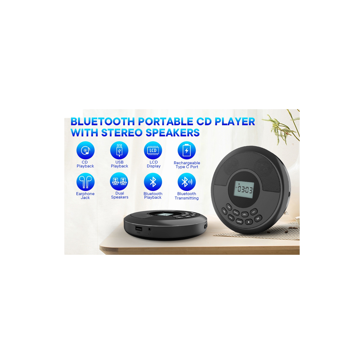 Lecteur CD portatif avec haut-parleurs et écouteurs&nbsp;: Walkman CD rechargeable avec protection - lecture CD/MP3/USB/Bluetooth, connexion auto,