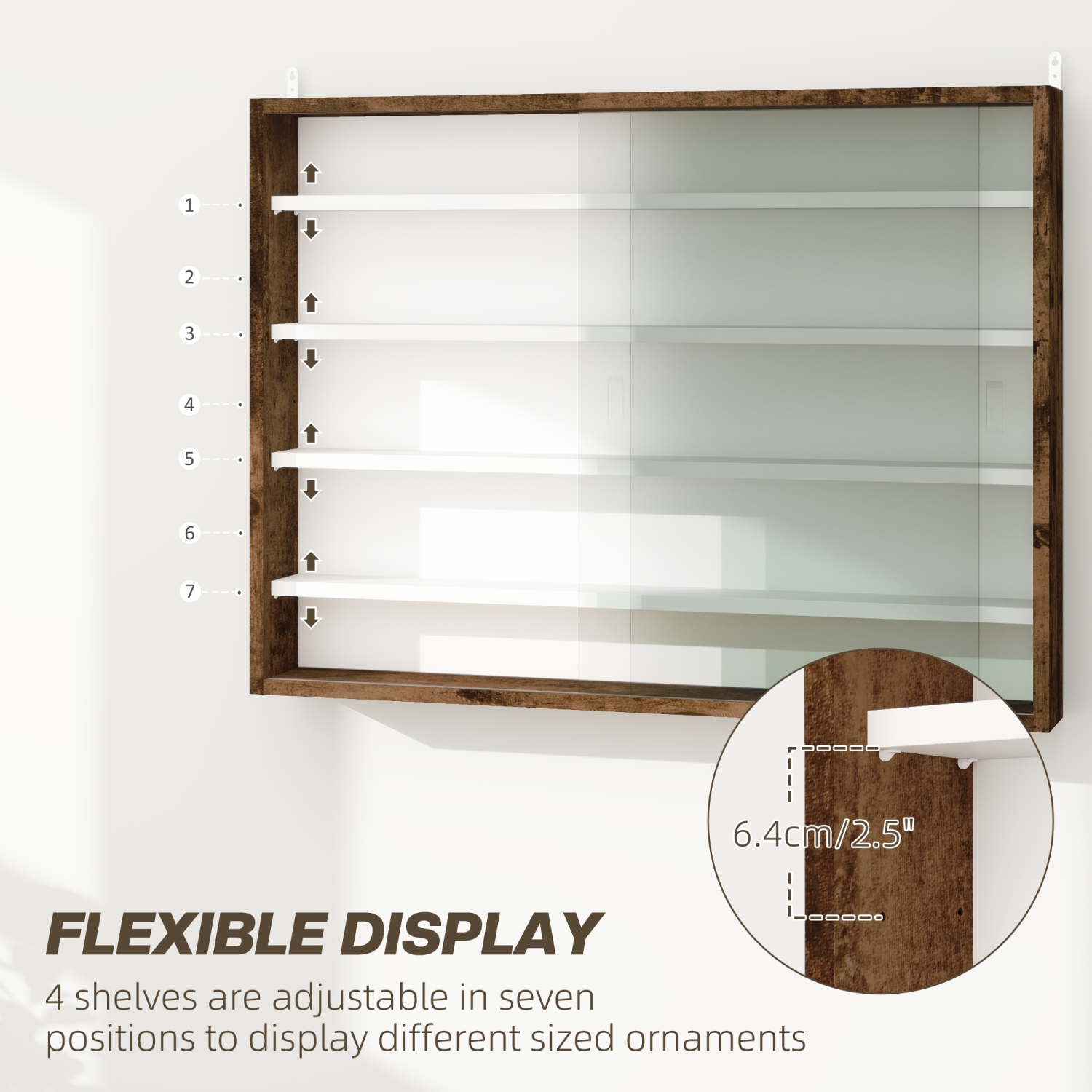 HOMCOM – Armoire murale à 5 tablettes Storey, présentoir en verre à liqueur, armoire vitrée avec 2 portes en verre et 4 tablettes réglables, brun