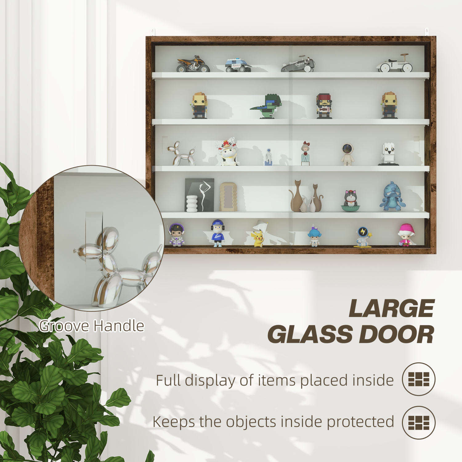 HOMCOM – Armoire murale à 5 tablettes Storey, présentoir en verre à liqueur, armoire vitrée avec 2 portes en verre et 4 tablettes réglables, brun