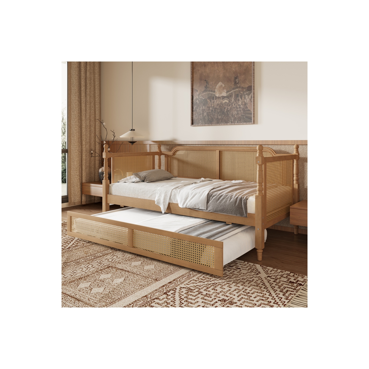 Kepooman Traditional Style Rattan Twin Size Daybed with Twin Size Trundle - Antique Walnut