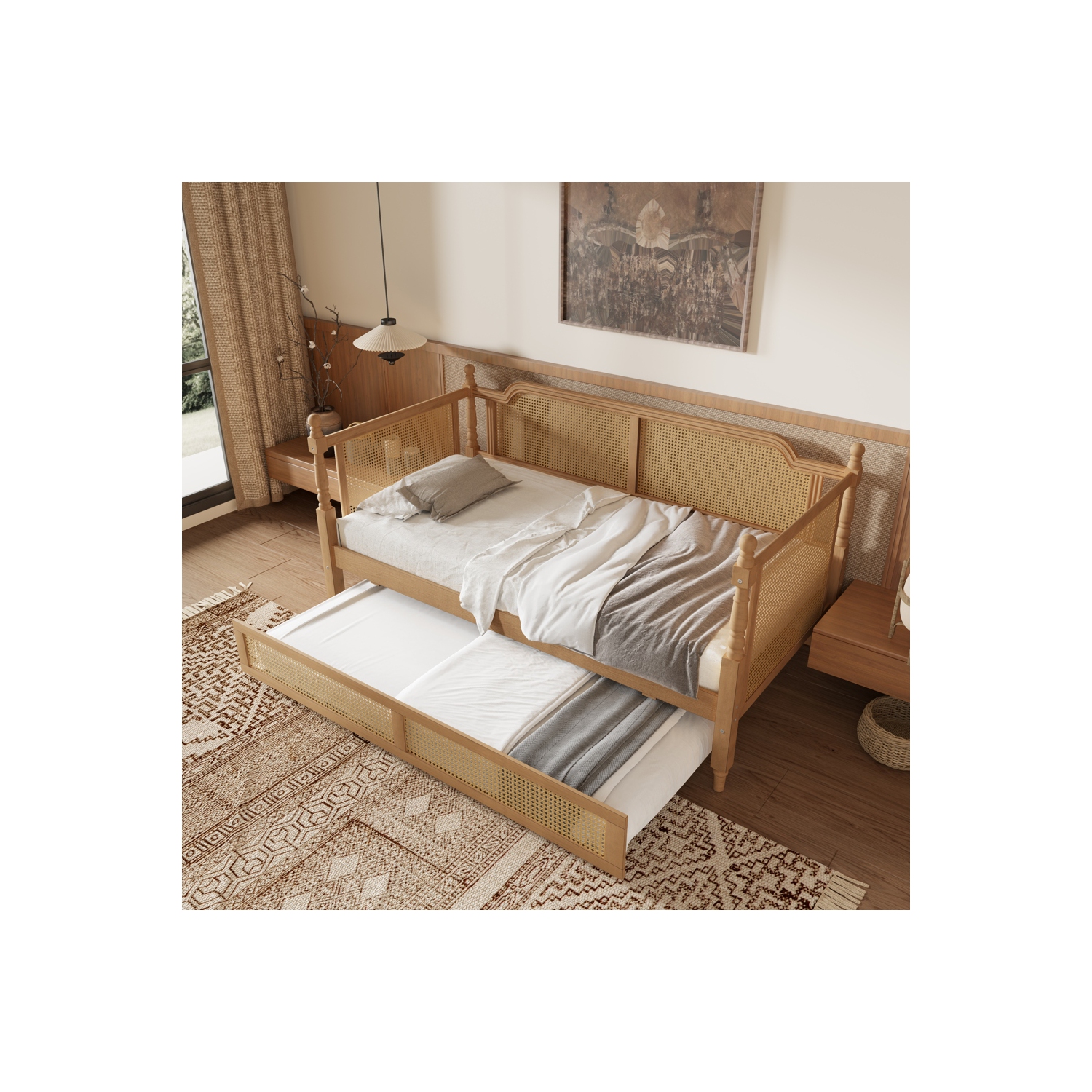 Kepooman Traditional Style Rattan Twin Size Daybed with Twin Size Trundle - Antique Walnut