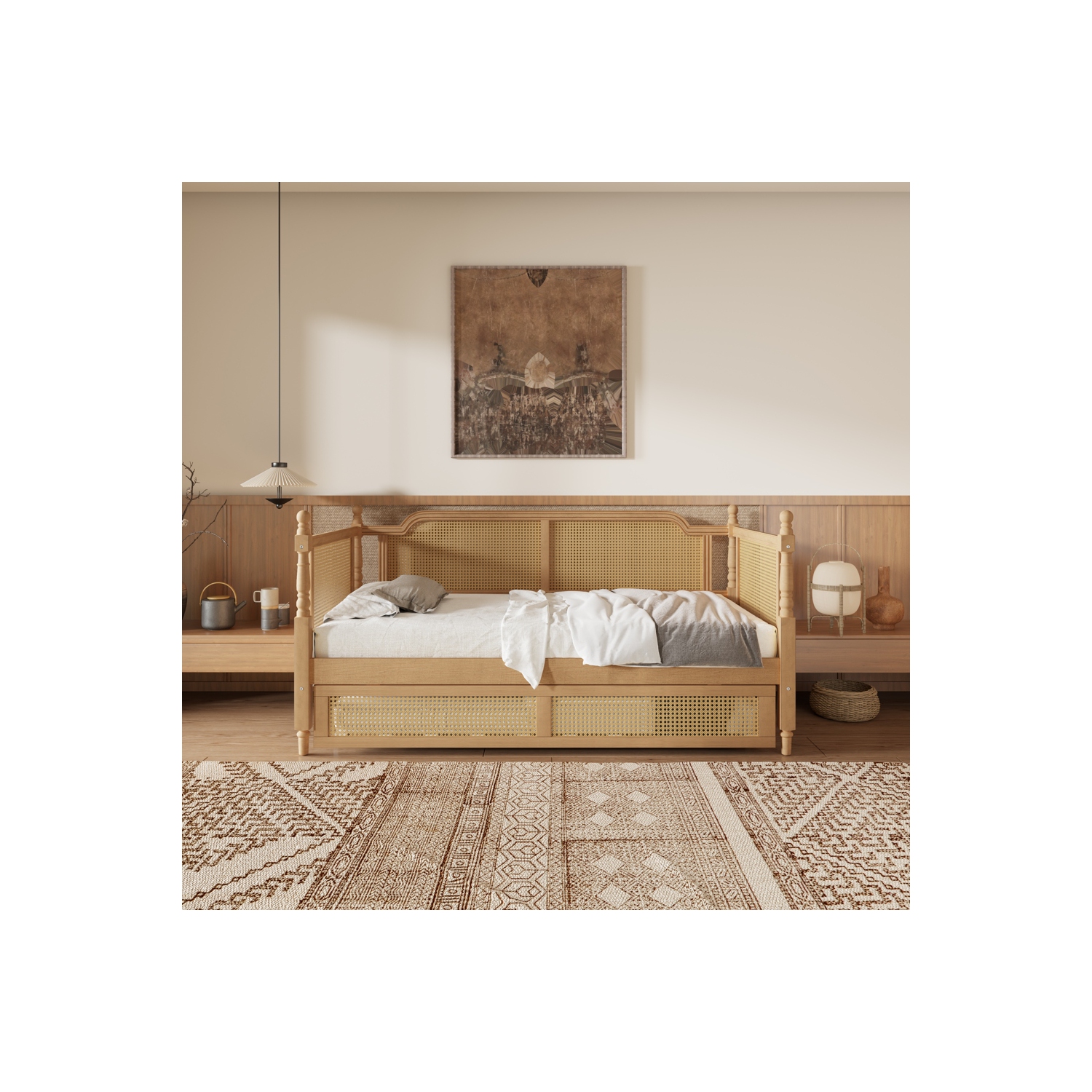Kepooman Traditional Style Rattan Twin Size Daybed with Twin Size Trundle - Antique Walnut