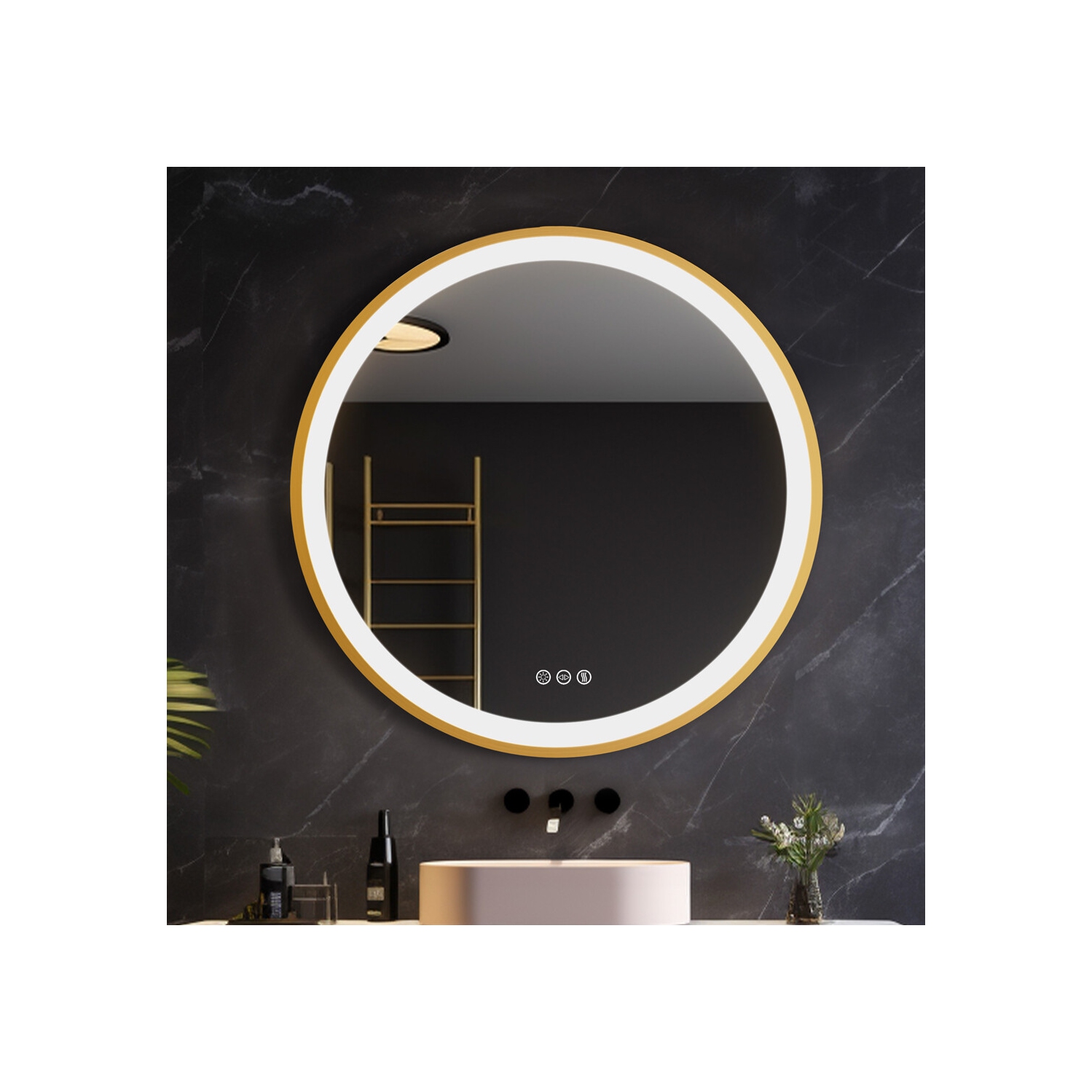 24 Inch Round LED Bathroom Mirror with Lights, Front Lit Makeup Vanity Mirror with Gold Aluminium Frame, Anti-Fog, Stepless Dimmable, 3 Colors
